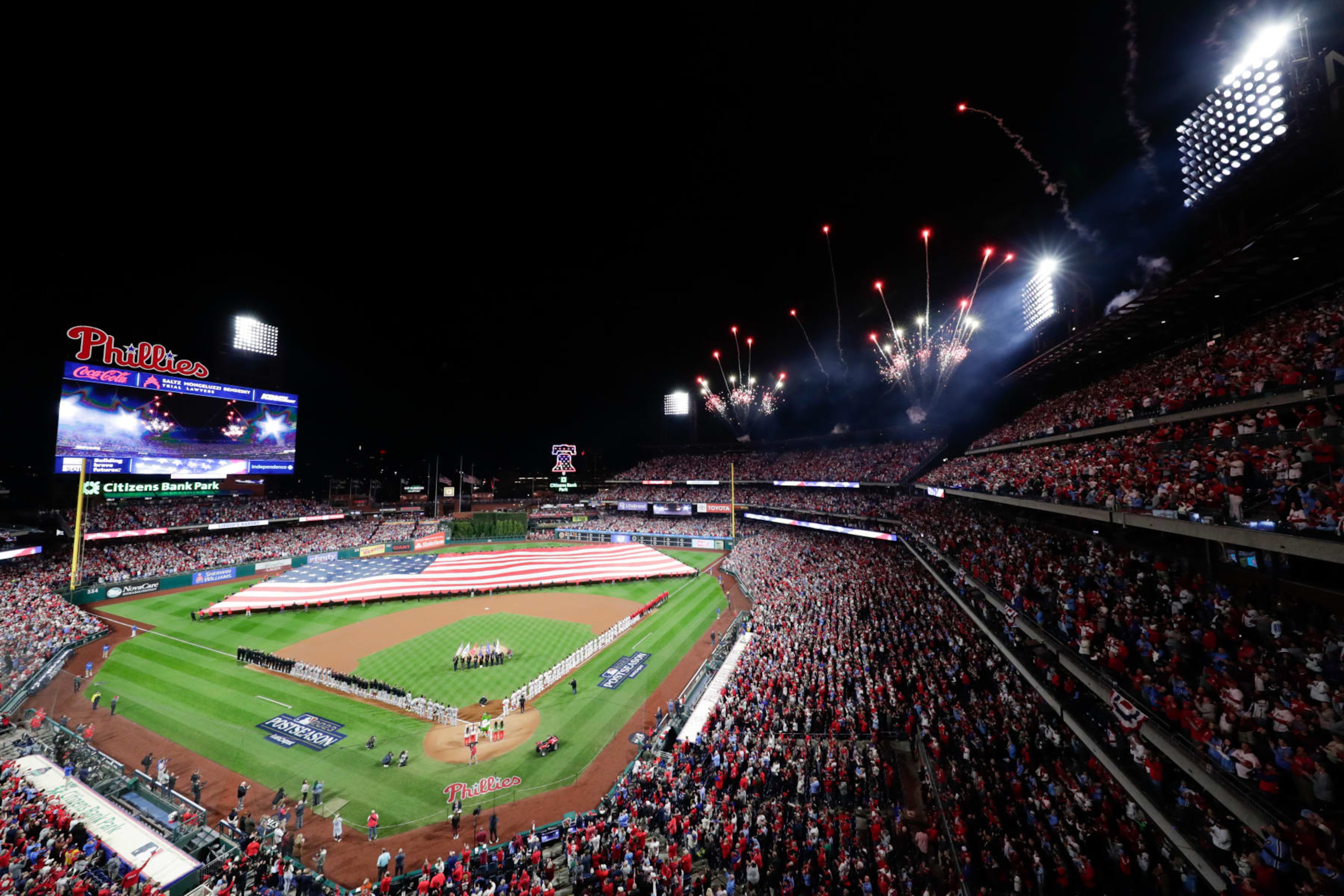 PHILADELPHIA, PA - OCTOBER 16: A general view of the field prior to Game 1 of the NLCS between the Arizona Diamondbacks and the Philadelphia Phillies at Citizens Bank Park on Monday, October 16, 2023 in Philadelphia, Pennsylvania. (Photo by Brian Garfinkel/MLB Photos via Getty Images) PHILADELPHIA, PA - OCTOBER 16: A general view of the field prior to Game 1 of the NLCS between the Arizona Diamondbacks and the Philadelphia Phillies at Citizens Bank Park on Monday, October 16, 2023 in Philadelphia, Pennsylvania. (Photo by Brian Garfinkel/MLB Photos via Getty Images)