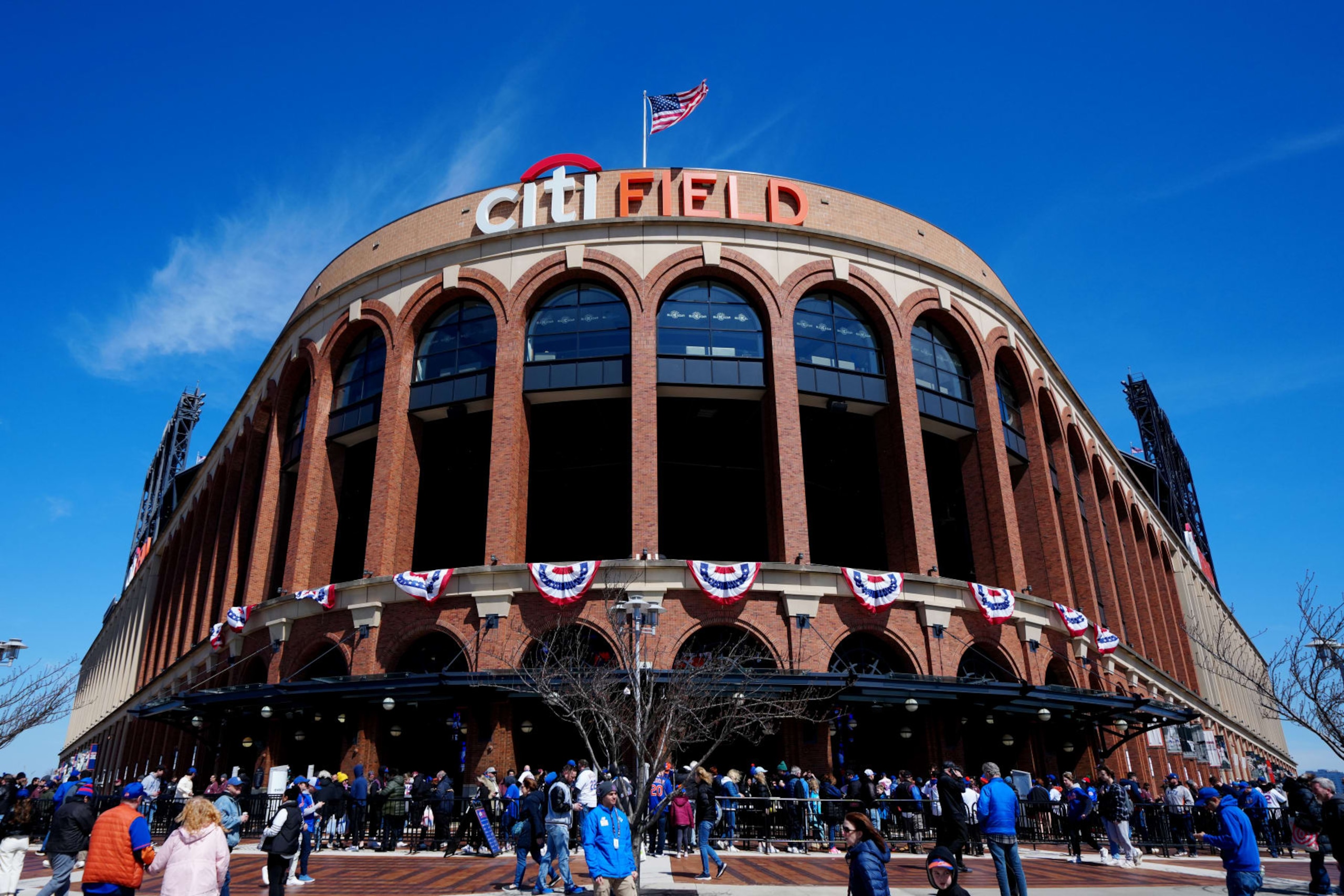 NEW YORK, NY - MARCH 29:  A general view of the exterior of Citi Field prior to the game between the Milwaukee Brewers and the New York Mets at Citi Field on Friday, March 29, 2024 in New York, New York. (Photo by Mary DeCicco/MLB Photos via Getty Images)