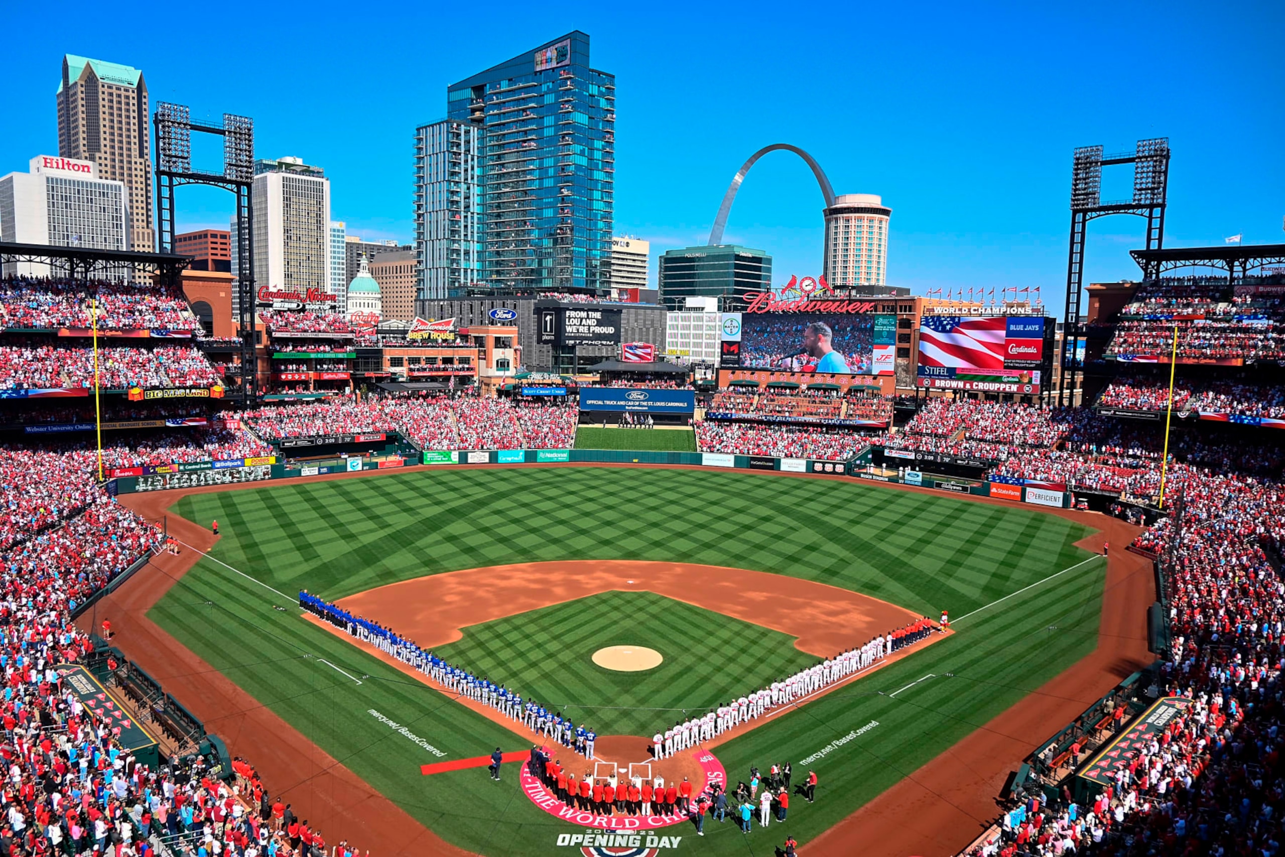 ST LOUIS, MO - MARCH 30: A general view of Busch Stadium during the National Anthem prior to a game against the St. Louis Cardinals and the Toronto Blue Jays on Opening Day at Busch Stadium on March 30, 2023 in St Louis, Missouri. (Photo by Joe Puetz/Getty Images)
