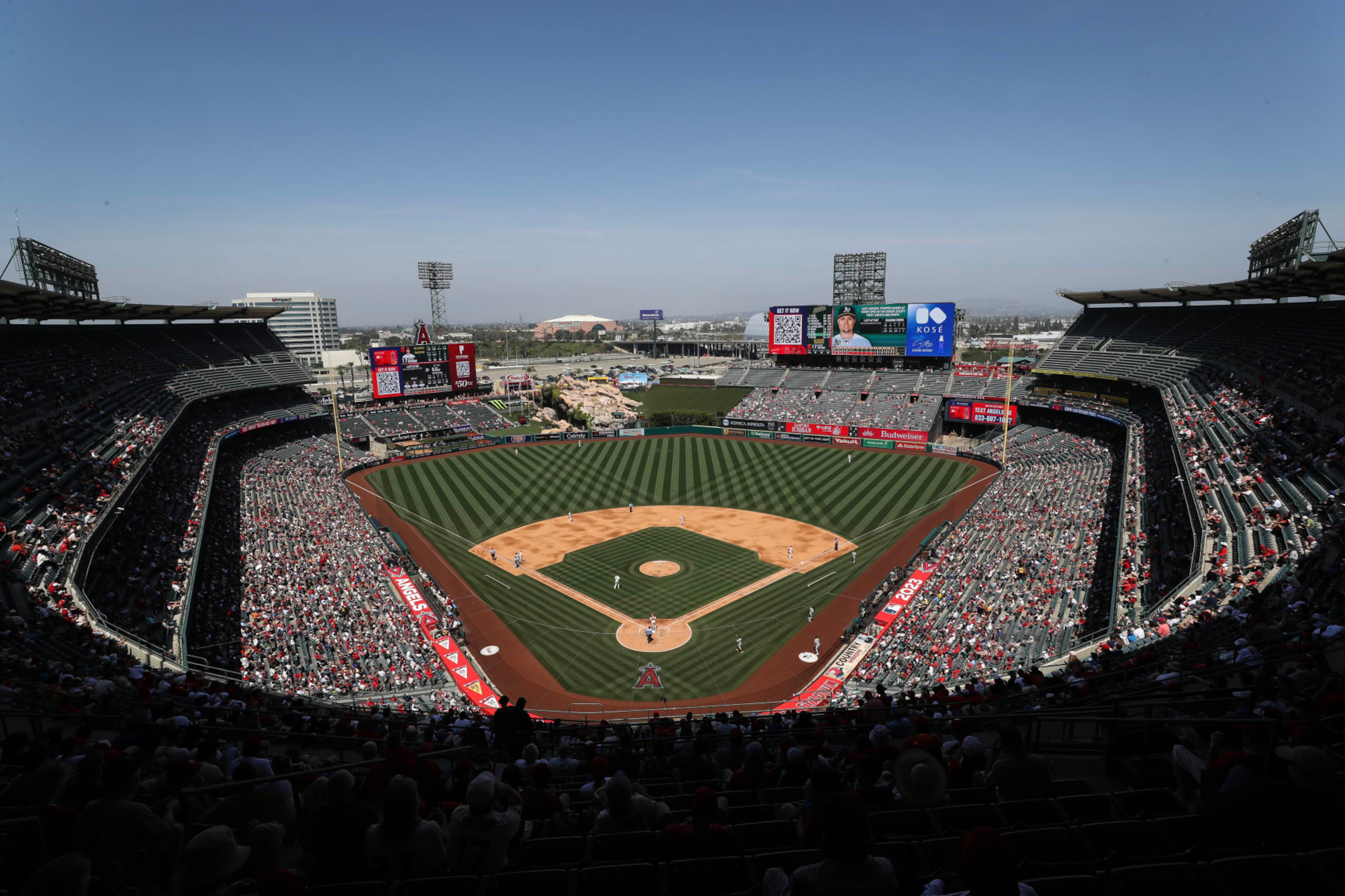 ANAHEIM, CALIFORNIA - APRIL 27: General view of Angel Stadium of Anaheim during the game between the Los Angeles Angels and the Oakland Athletics on April 27, 2023 in Anaheim, California. (Photo by Meg Oliphant/Getty Images) ANAHEIM, CALIFORNIA - APRIL 27: General view of Angel Stadium of Anaheim during the game between the Los Angeles Angels and the Oakland Athletics on April 27, 2023 in Anaheim, California. (Photo by Meg Oliphant/Getty Images)