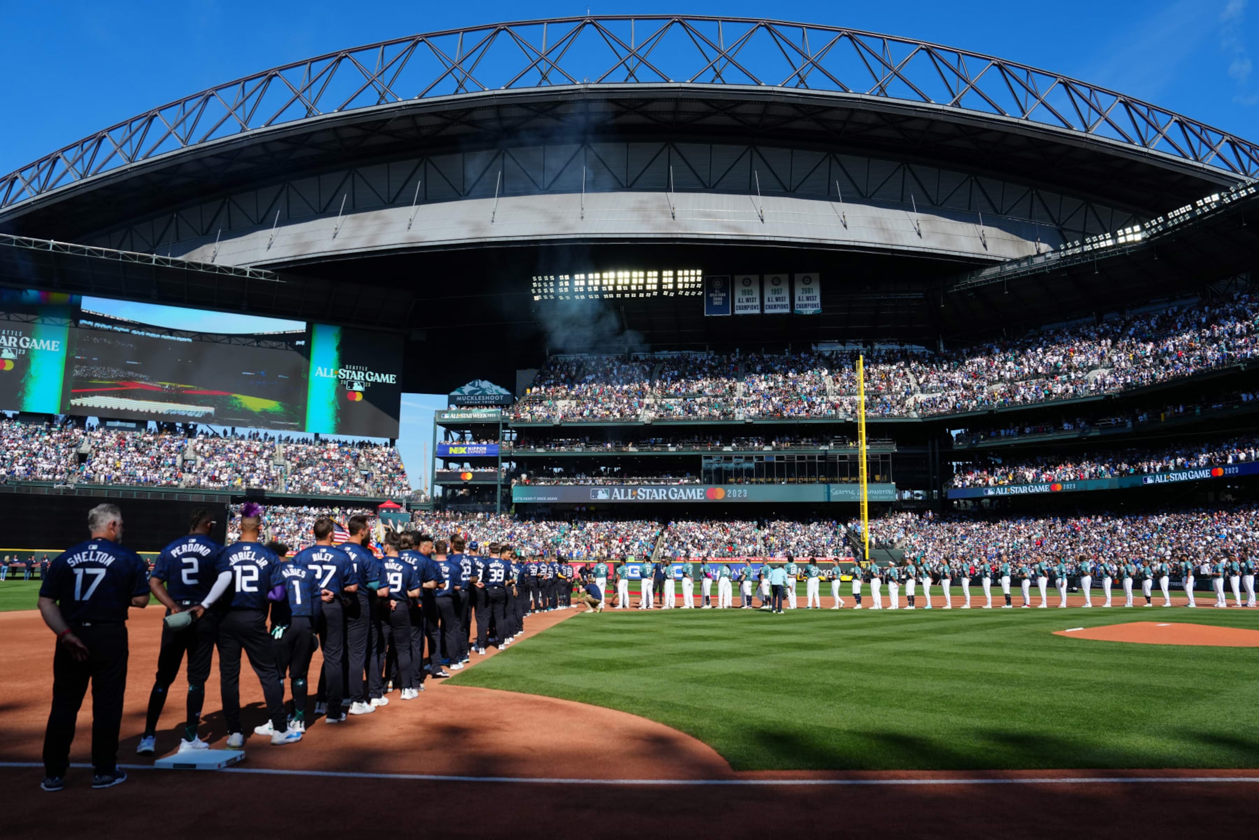 SEATTLE, WA - JULY 11:  A general view of the field as the National and American League teams stand for the national anthem before 93rd MLB All-Star Game presented by Mastercard at T-Mobile Park on Tuesday, July 11, 2023 in Seattle, Washington. (Photo by Mary DeCicco/MLB Photos via Getty Images)