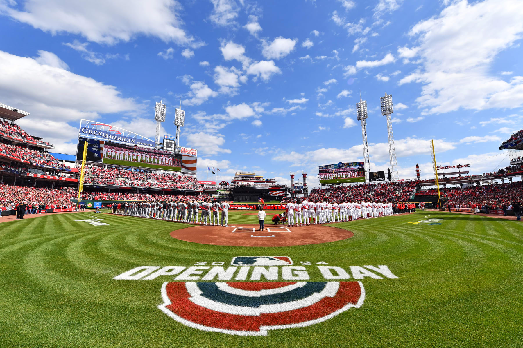 CINCINNATI, OHIO - MARCH 28: A general view during the singing of the national anthem on Opening Day prior to a game between the Cincinnati Reds and the Washington Nationals at Great American Ball Park on March 28, 2024 in Cincinnati, Ohio. (Photo by Ben Jackson/Getty Images)