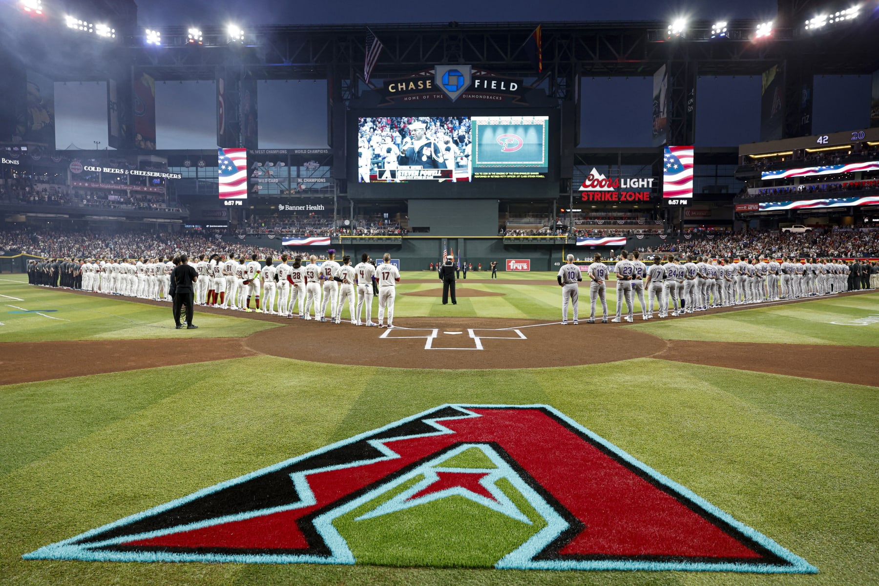PHOENIX, AZ - MARCH 28: A general view of Chase Field during pregame ceremonies prior to the game between the Colorado Rockies and the Arizona Diamondbacks on Thursday, March 28, 2024 in Phoenix, Arizona. (Photo by Chris Coduto/MLB Photos via Getty Images)