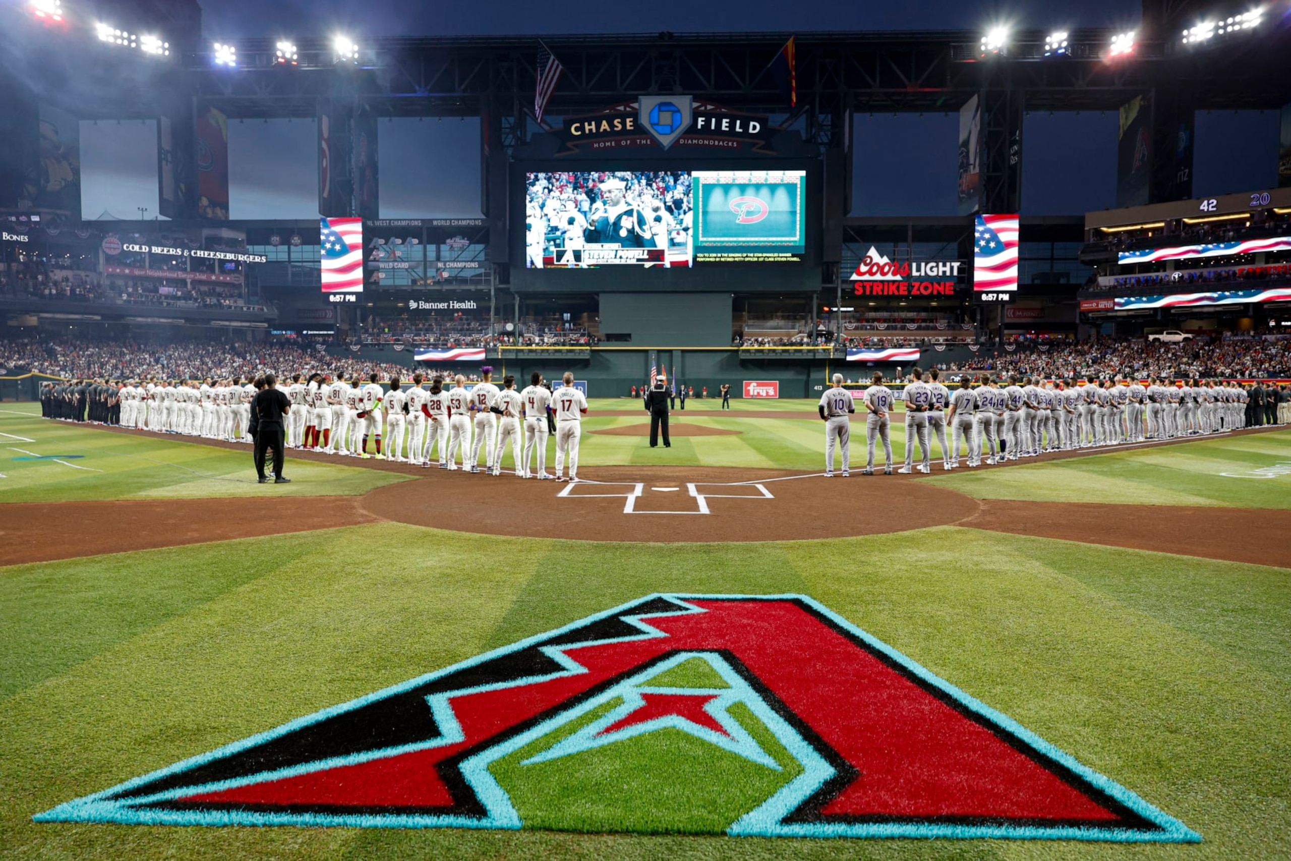 PHOENIX, AZ - MARCH 28: A general view of Chase Field during pregame ceremonies prior to the game between the Colorado Rockies and the Arizona Diamondbacks on Thursday, March 28, 2024 in Phoenix, Arizona. (Photo by Chris Coduto/MLB Photos via Getty Images)