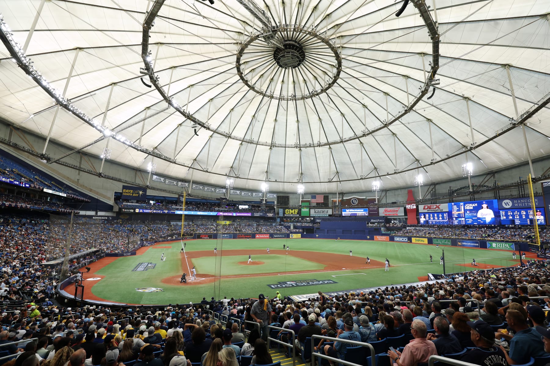 TAMPA, FL - OCTOBER 04: A general view of the field during Game 2 of the Wild Card Series between the Texas Rangers and the Tampa Bay Rays at Tropicana Field on Wednesday, October 4, 2023 in Tampa, Florida. (Photo by Mike Carlson/MLB Photos via Getty Images)