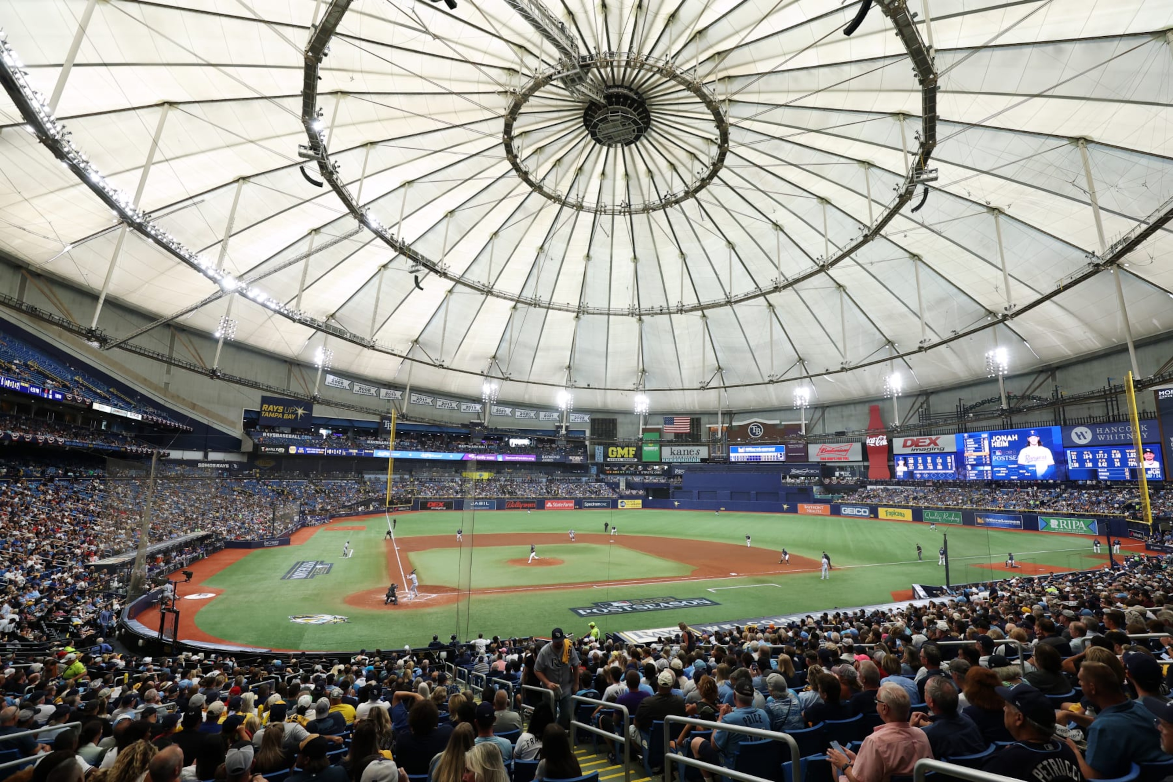 TAMPA, FL - OCTOBER 04: A general view of the field during Game 2 of the Wild Card Series between the Texas Rangers and the Tampa Bay Rays at Tropicana Field on Wednesday, October 4, 2023 in Tampa, Florida. (Photo by Mike Carlson/MLB Photos via Getty Images) TAMPA, FL - OCTOBER 04: A general view of the field during Game 2 of the Wild Card Series between the Texas Rangers and the Tampa Bay Rays at Tropicana Field on Wednesday, October 4, 2023 in Tampa, Florida. (Photo by Mike Carlson/MLB Photos via Getty Images)