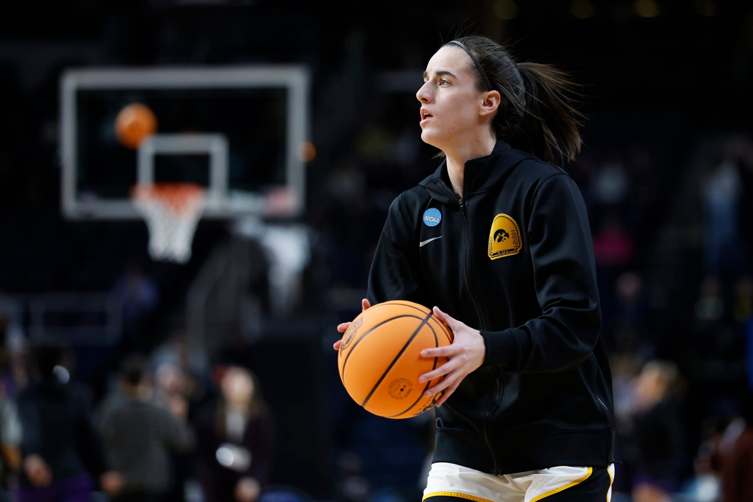 ALBANY, NEW YORK - APRIL 01: Caitlin Clark #22 of the Iowa Hawkeyes looks on before a game against the Iowa Hawkeyes in the Elite 8 round of the NCAA Women's Basketball Tournament at MVP Arena on April 01, 2024 in Albany, New York. (Photo by Sarah Stier/Getty Images)