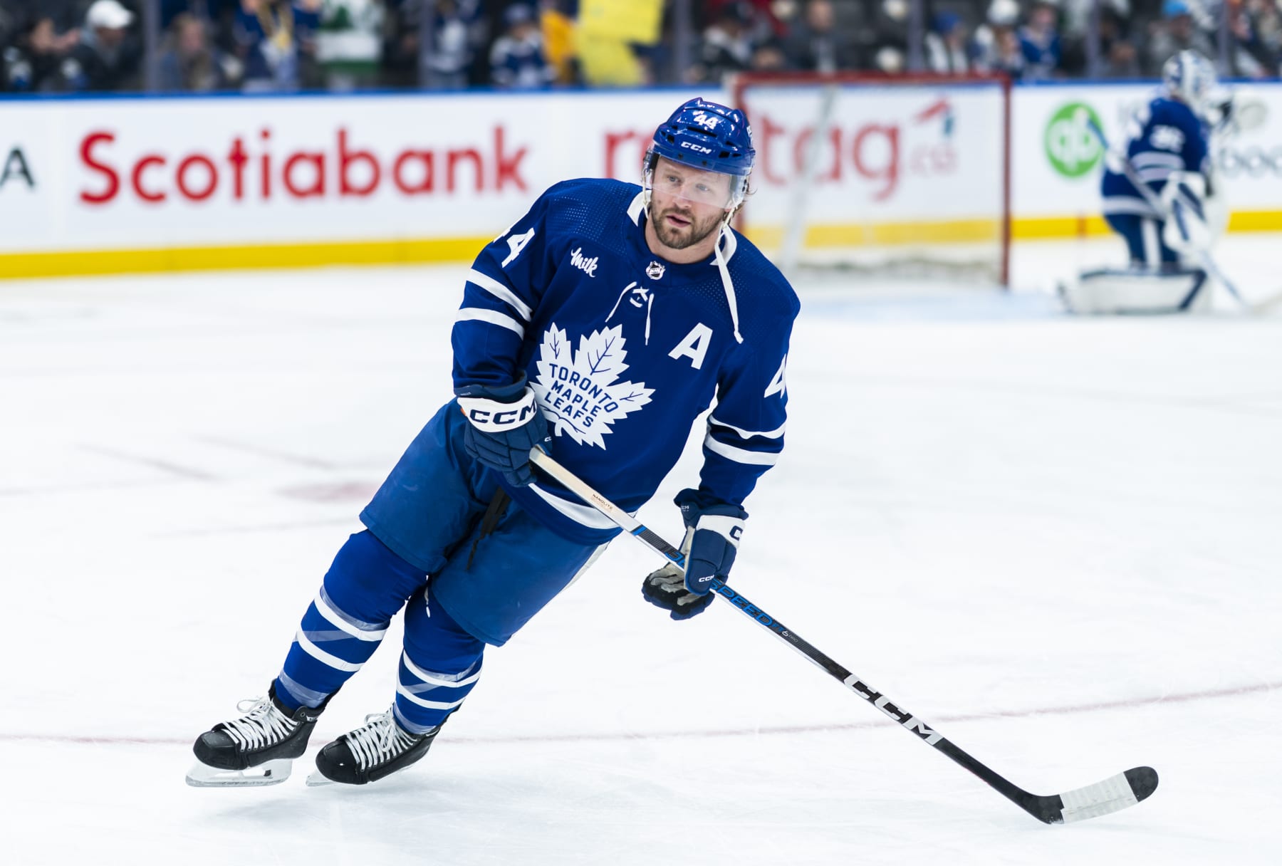 TORONTO, ON - APRIL 3: Morgan Rielly #44 of the Toronto Maple Leafs takes part in warm ups before playing the Tampa Bay Lightning at Scotiabank Arena on April 3, 2024 in Toronto, Ontario, Canada. (Photo by Mark Blinch/NHLI via Getty Images)