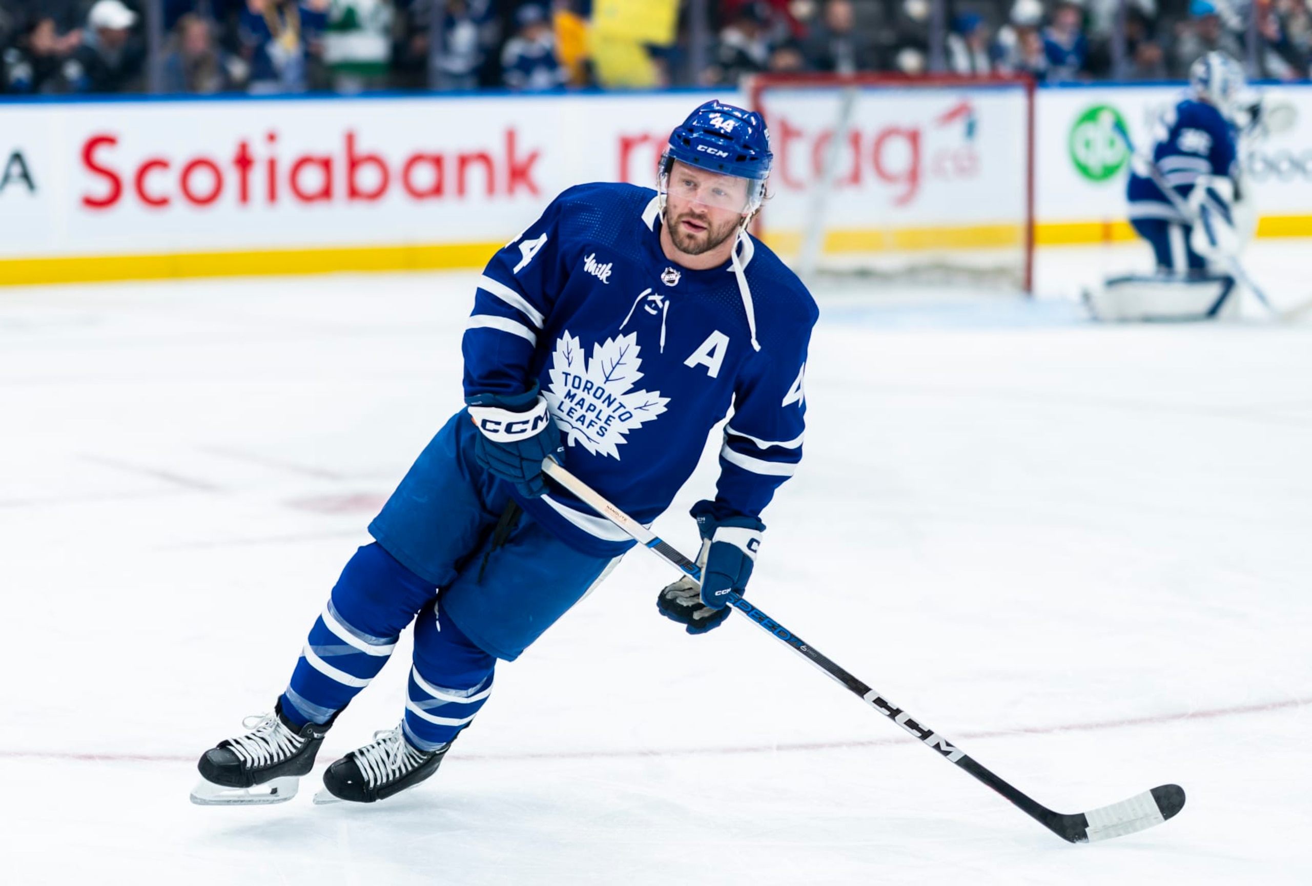 TORONTO, ON - APRIL 3: Morgan Rielly #44 of the Toronto Maple Leafs takes part in warm ups before playing the Tampa Bay Lightning at Scotiabank Arena on April 3, 2024 in Toronto, Ontario, Canada. (Photo by Mark Blinch/NHLI via Getty Images)