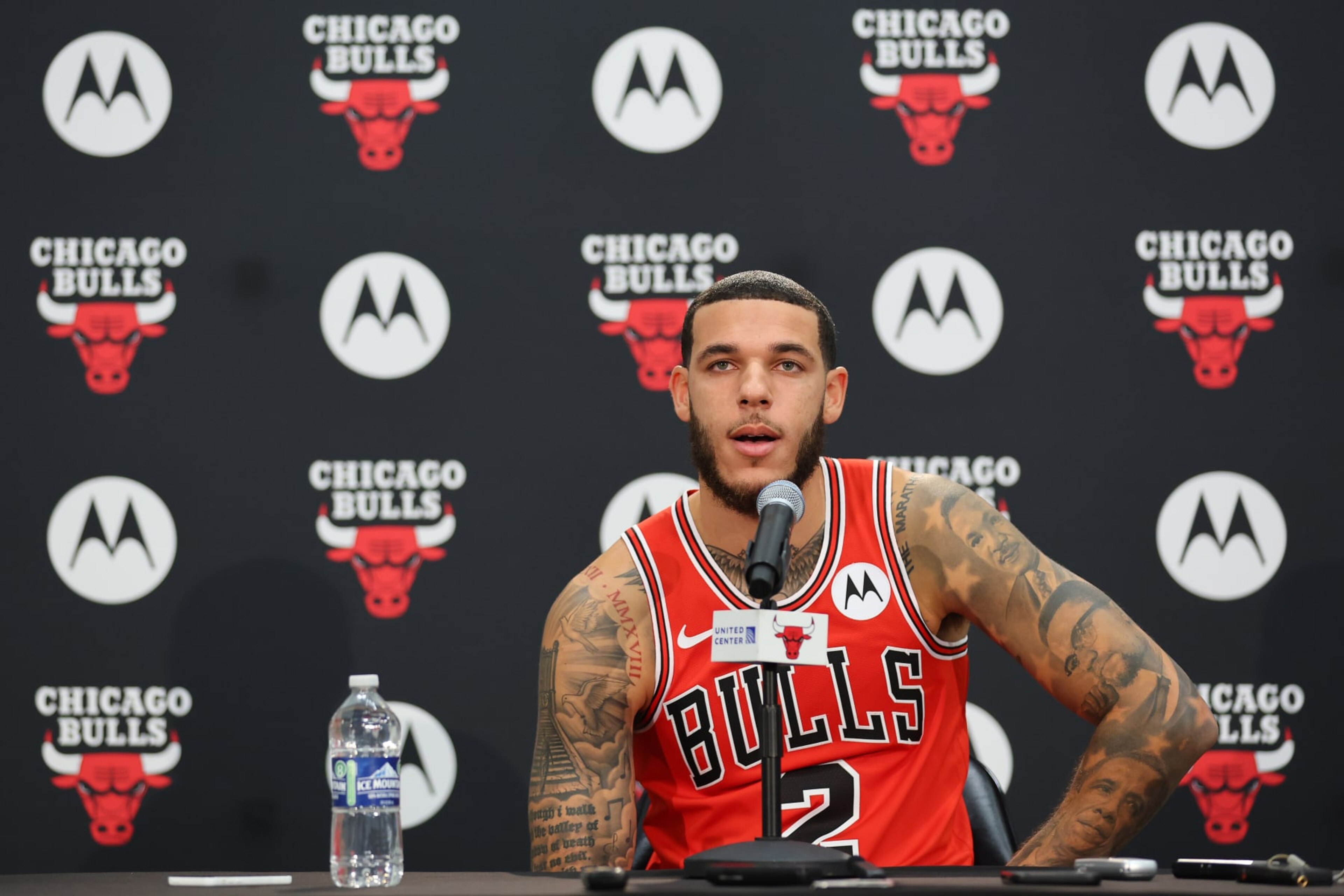 CHICAGO, ILLINOIS - OCTOBER 02: Lonzo Ball #2 of the Chicago Bulls answers questions from reporters during Media Day at Advocate Center on October 02, 2023 in Chicago, Illinois. (Photo by Michael Reaves/Getty Images) CHICAGO, ILLINOIS - OCTOBER 02: Lonzo Ball #2 of the Chicago Bulls answers questions from reporters during Media Day at Advocate Center on October 02, 2023 in Chicago, Illinois. (Photo by Michael Reaves/Getty Images)