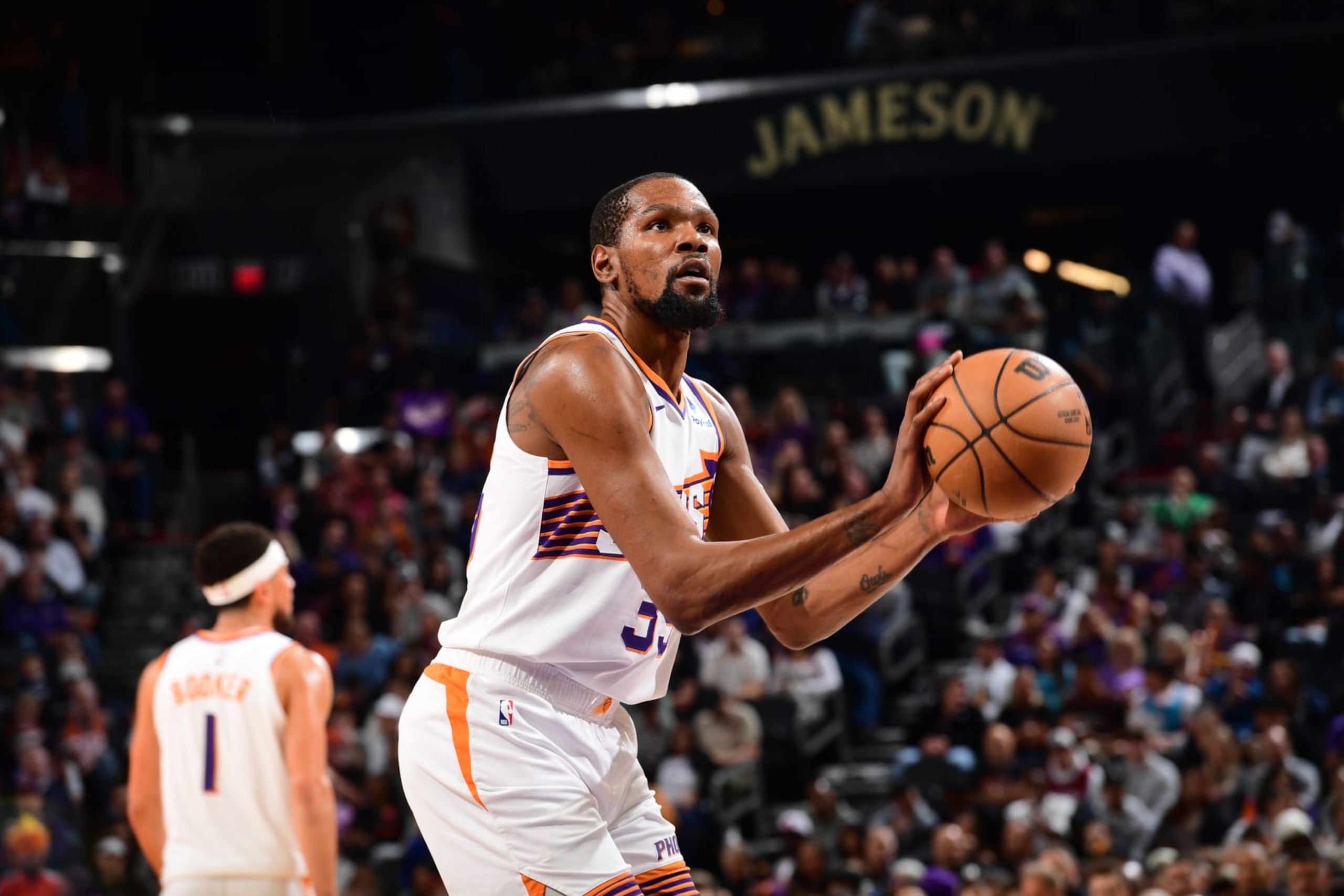 PHOENIX, AZ - APRIL 5: Kevin Durant #35 of the Phoenix Suns shoots a free throw during the game against the Minnesota Timberwolves on April 5, 2024 at Footprint Center in Phoenix, Arizona. NOTE TO USER: User expressly acknowledges and agrees that, by downloading and or using this photograph, user is consenting to the terms and conditions of the Getty Images License Agreement. Mandatory Copyright Notice: Copyright 2024 NBAE (Photo by Kate Frese/NBAE via Getty Images) PHOENIX, AZ - APRIL 5: Kevin Durant #35 of the Phoenix Suns shoots a free throw during the game against the Minnesota Timberwolves on April 5, 2024 at Footprint Center in Phoenix, Arizona. NOTE TO USER: User expressly acknowledges and agrees that, by downloading and or using this photograph, user is consenting to the terms and conditions of the Getty Images License Agreement. Mandatory Copyright Notice: Copyright 2024 NBAE (Photo by Kate Frese/NBAE via Getty Images)
