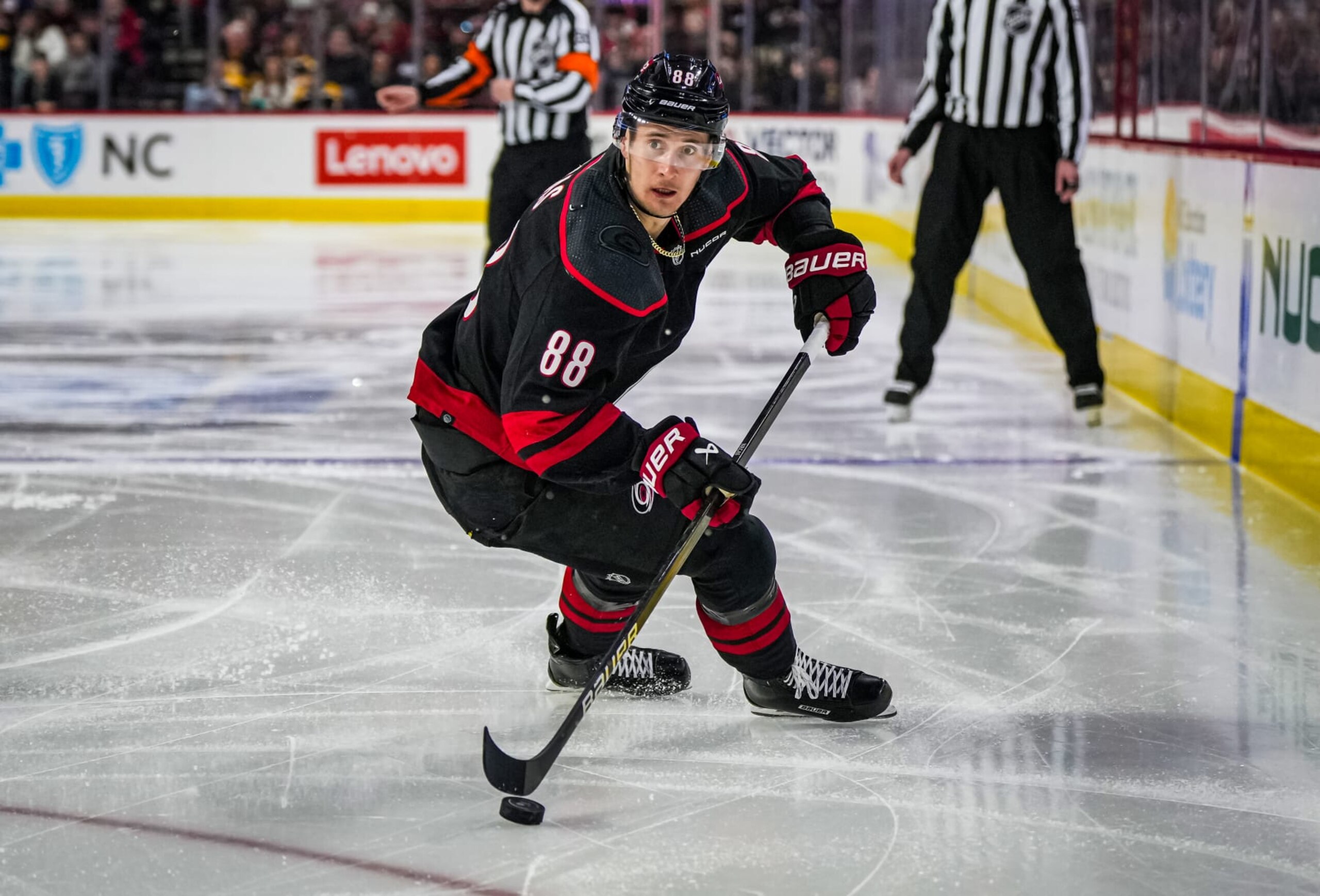 RALEIGH, NORTH CAROLINA - APRIL 04: Martin Necas #88 of the Carolina Hurricanes skates during the third period against the Boston Bruins at PNC Arena on April 4, 2024 in Raleigh, North Carolina. (Photo by Josh Lavallee/NHLI via Getty Images)
