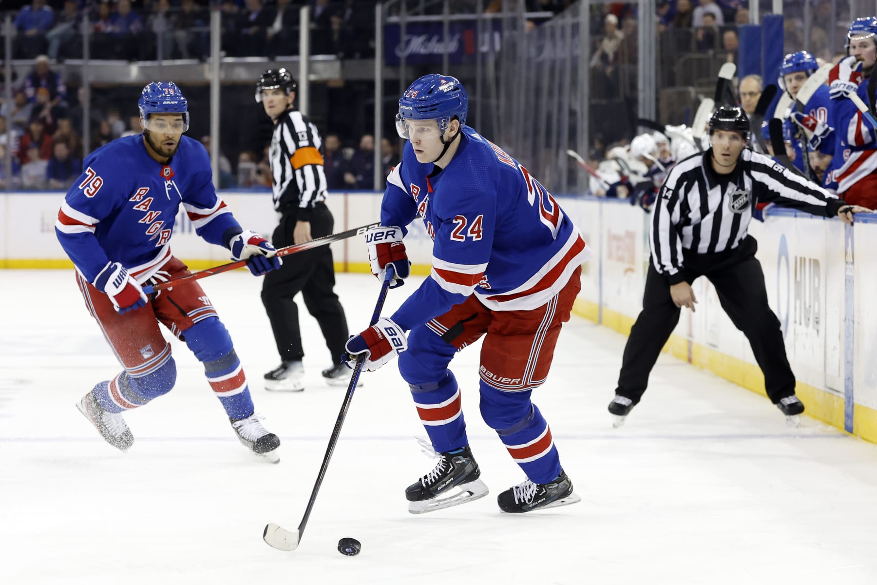 NEW YORK, NEW YORK - FEBRUARY 28: Kaapo Kakko #24 of the New York Rangers controls the puck during the second period against the Columbus Blue Jackets at Madison Square Garden on February 28, 2024 in New York City. (Photo by Sarah Stier/Getty Images)