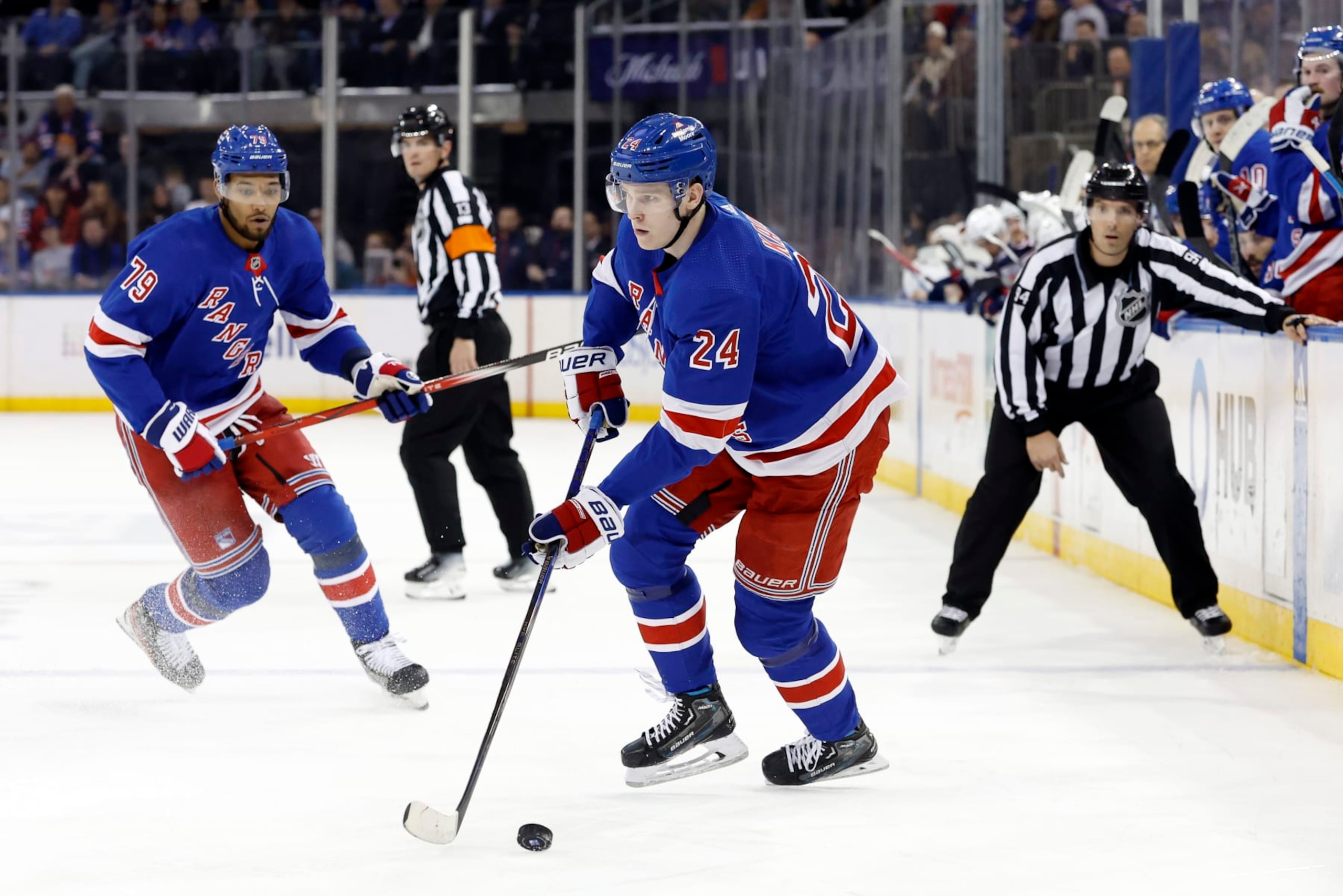NEW YORK, NEW YORK - FEBRUARY 28: Kaapo Kakko #24 of the New York Rangers controls the puck during the second period against the Columbus Blue Jackets at Madison Square Garden on February 28, 2024 in New York City. (Photo by Sarah Stier/Getty Images)