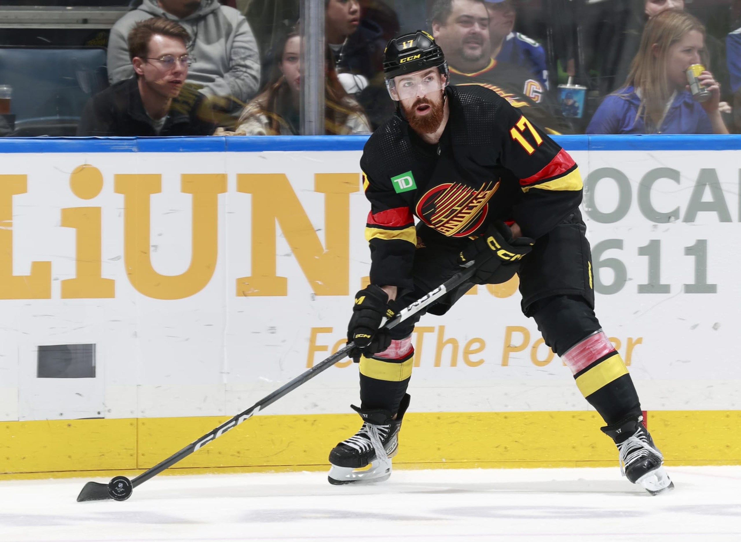 VANCOUVER, CANADA - MARCH 25: Filip Hronek #17 of the Vancouver Canucks skates up ice during their NHL game against the Los Angeles Kings at Rogers Arena on March 25, 2024 in Vancouver, British Columbia, Canada.  (Photo by Jeff Vinnick/NHLI via Getty Images)