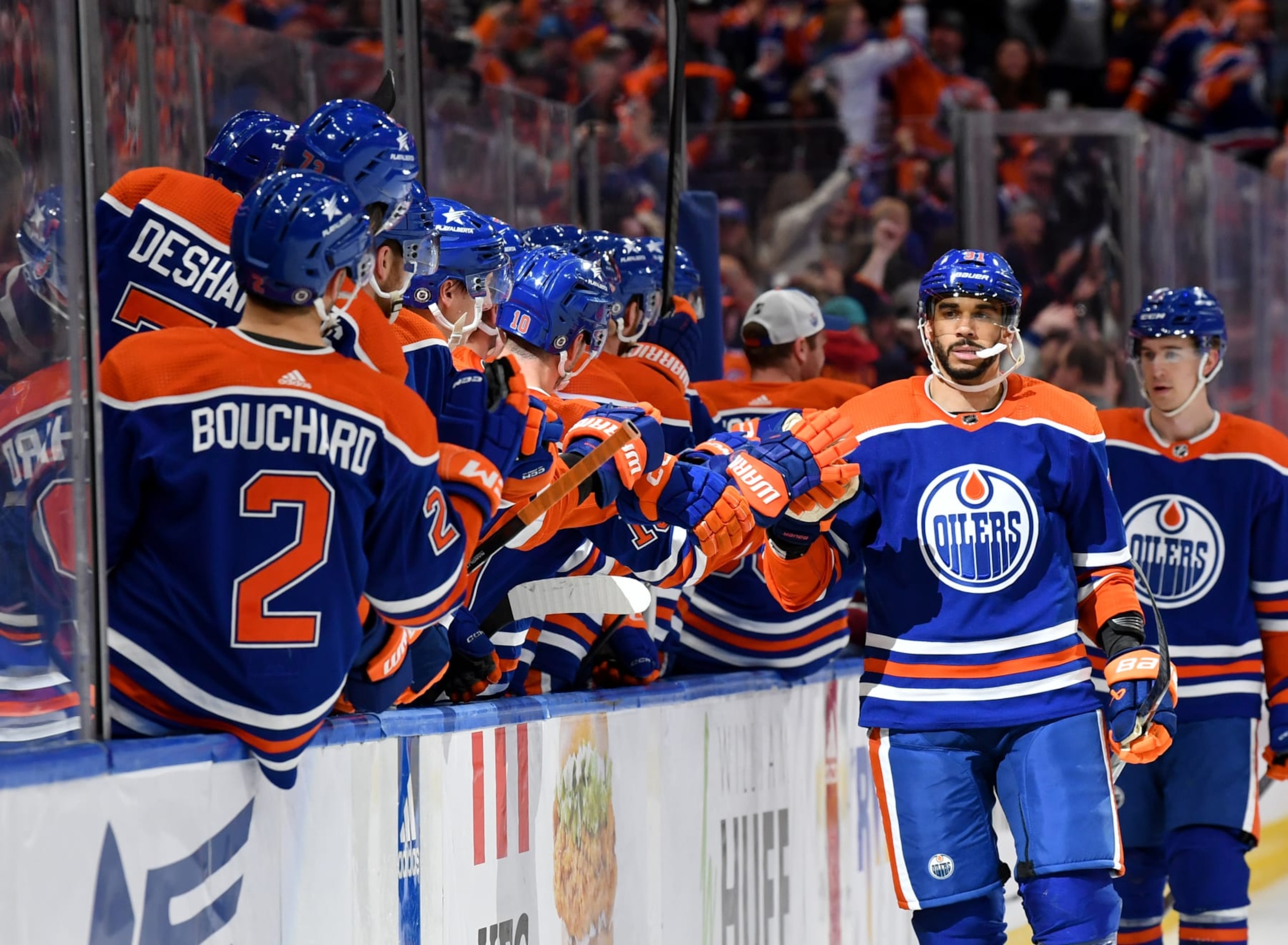 EDMONTON, CANADA - APRIL 5: Evander Kane #91 of the Edmonton Oilers celebrates his second goal of the game in the third period against the Colorado Avalanche with his teammates at the bench at Rogers Place on April 5, 2024, in Edmonton, Alberta, Canada. (Photo by Andy Devlin/NHLI via Getty Images)
