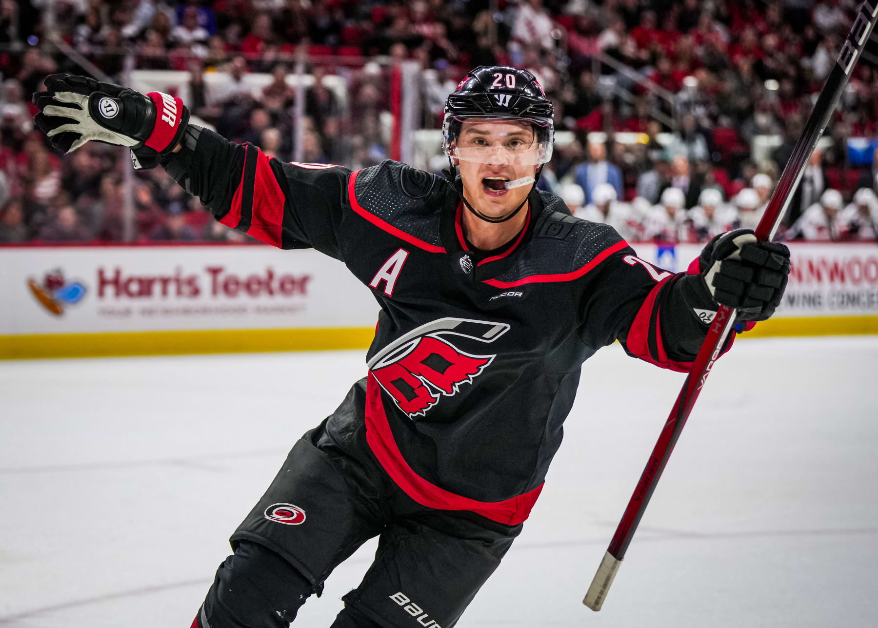RALEIGH, NORTH CAROLINA - APRIL 05:  Sebastian Aho #20 of the Carolina Hurricanes celebrates after a goal during the third period against the Washington Capitals at PNC Arena on April 5, 2024 in Raleigh, North Carolina. (Photo by Josh Lavallee/NHLI via Getty Images)