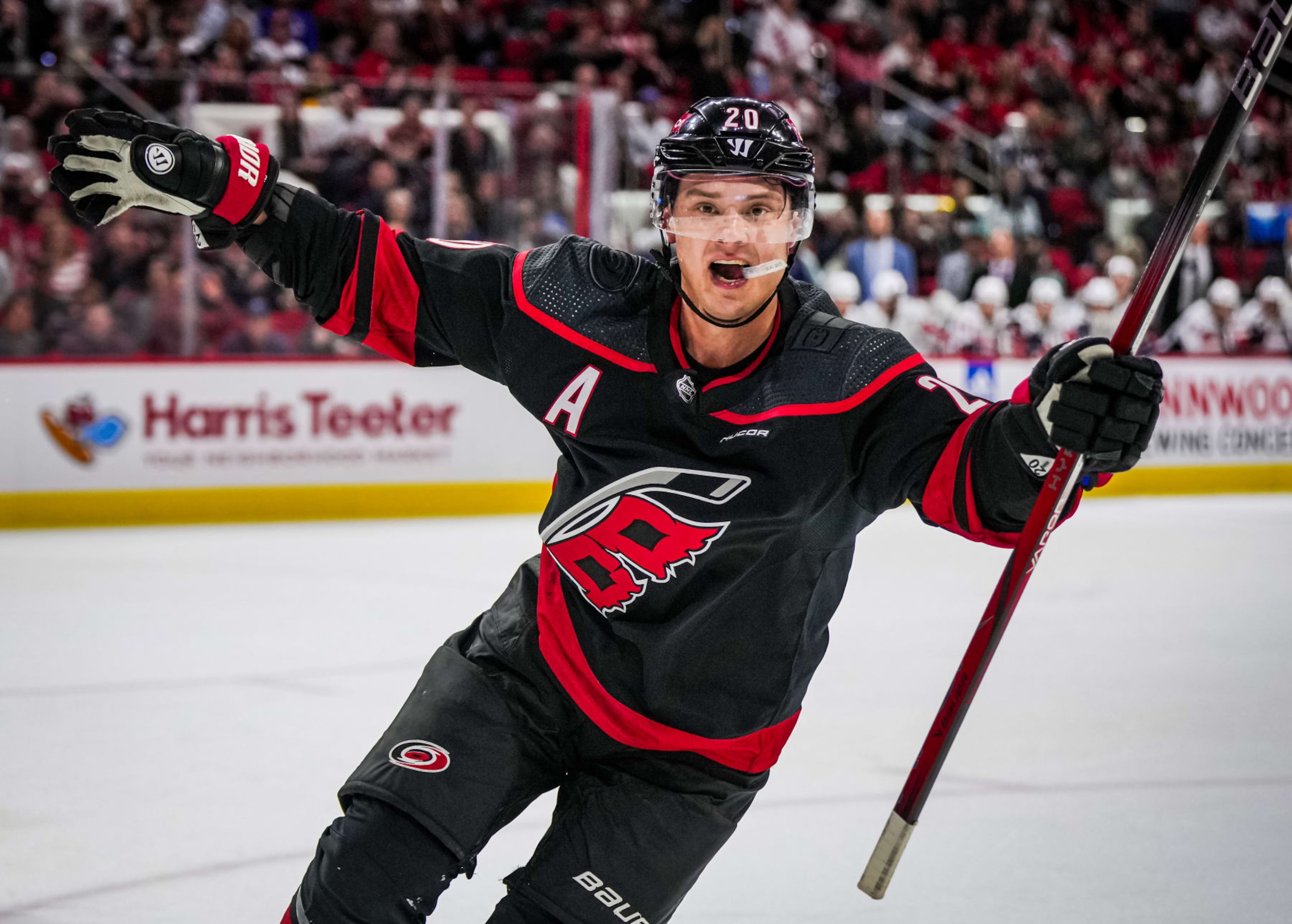 RALEIGH, NORTH CAROLINA - APRIL 05:  Sebastian Aho #20 of the Carolina Hurricanes celebrates after a goal during the third period against the Washington Capitals at PNC Arena on April 5, 2024 in Raleigh, North Carolina. (Photo by Josh Lavallee/NHLI via Getty Images)