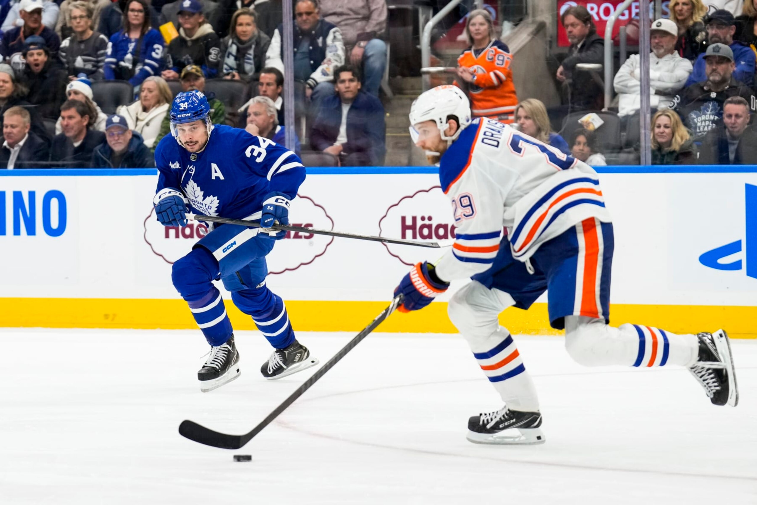 Edmonton Oilers forward Leon Draisaitl (right) and Toronto Maple Leafs center Auston Matthews. Edmonton Oilers forward Leon Draisaitl (right) and Toronto Maple Leafs center Auston Matthews.