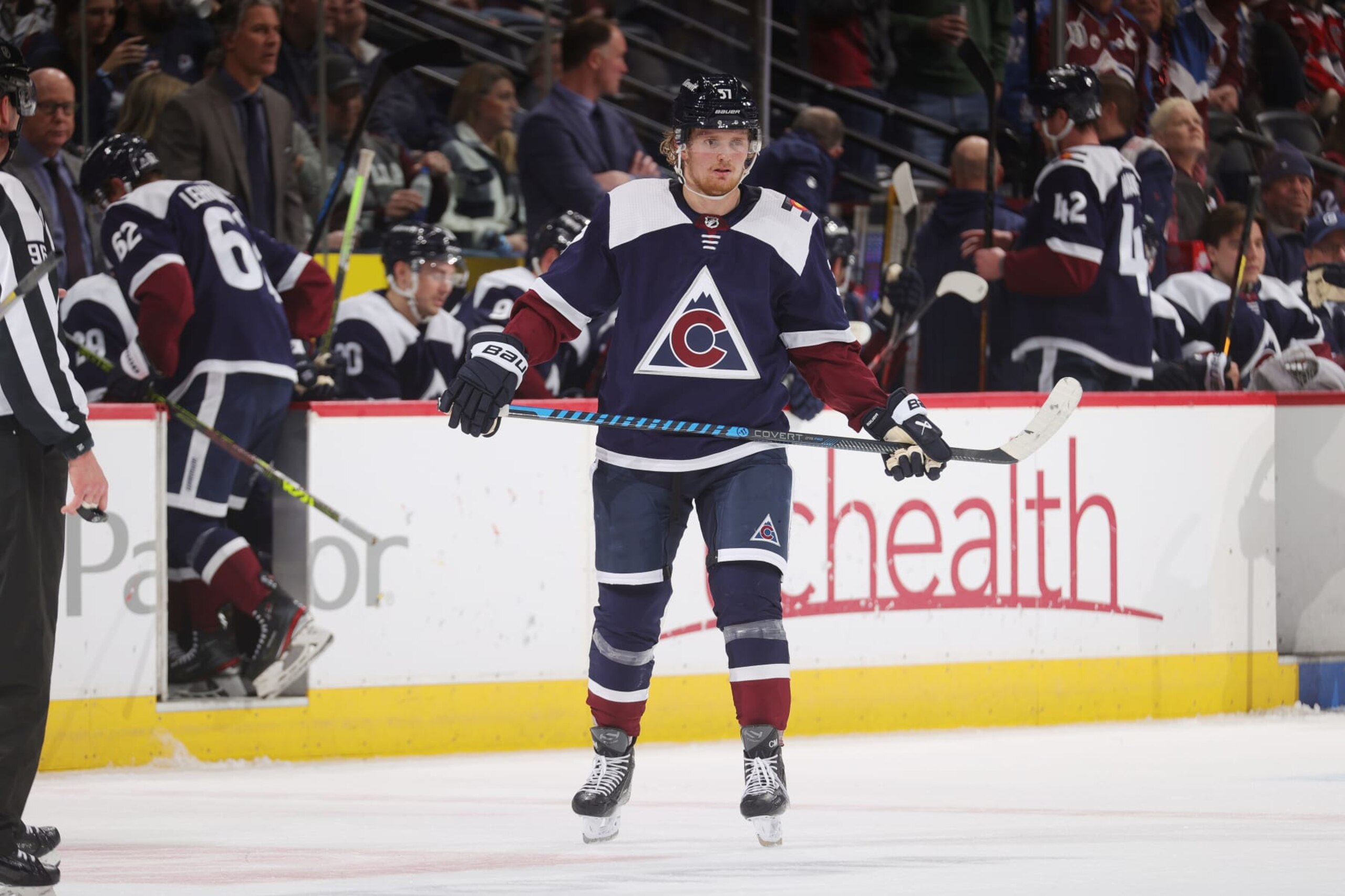 DENVER, COLORADO - MARCH 08: Casey Mittelstadt #37 of the Colorado Avalanche skates against the Minnesota Wild at Ball Arena on March 8, 2024 in Denver, Colorado. (Photo by Michael Martin/NHLI via Getty Images)
