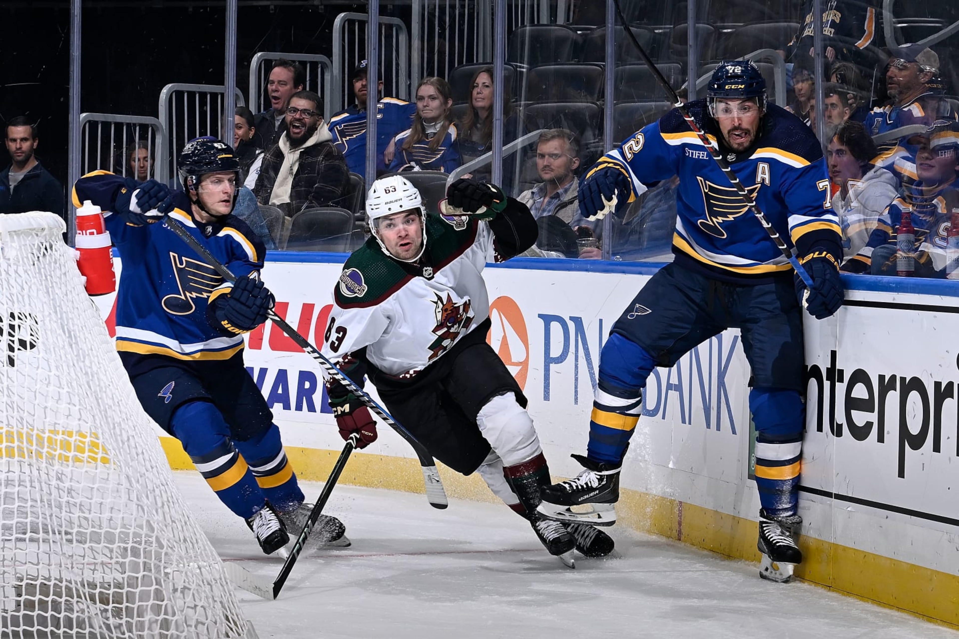 St. Louis Blues defensemen Torey Krug (left) and Justin Faulk.
