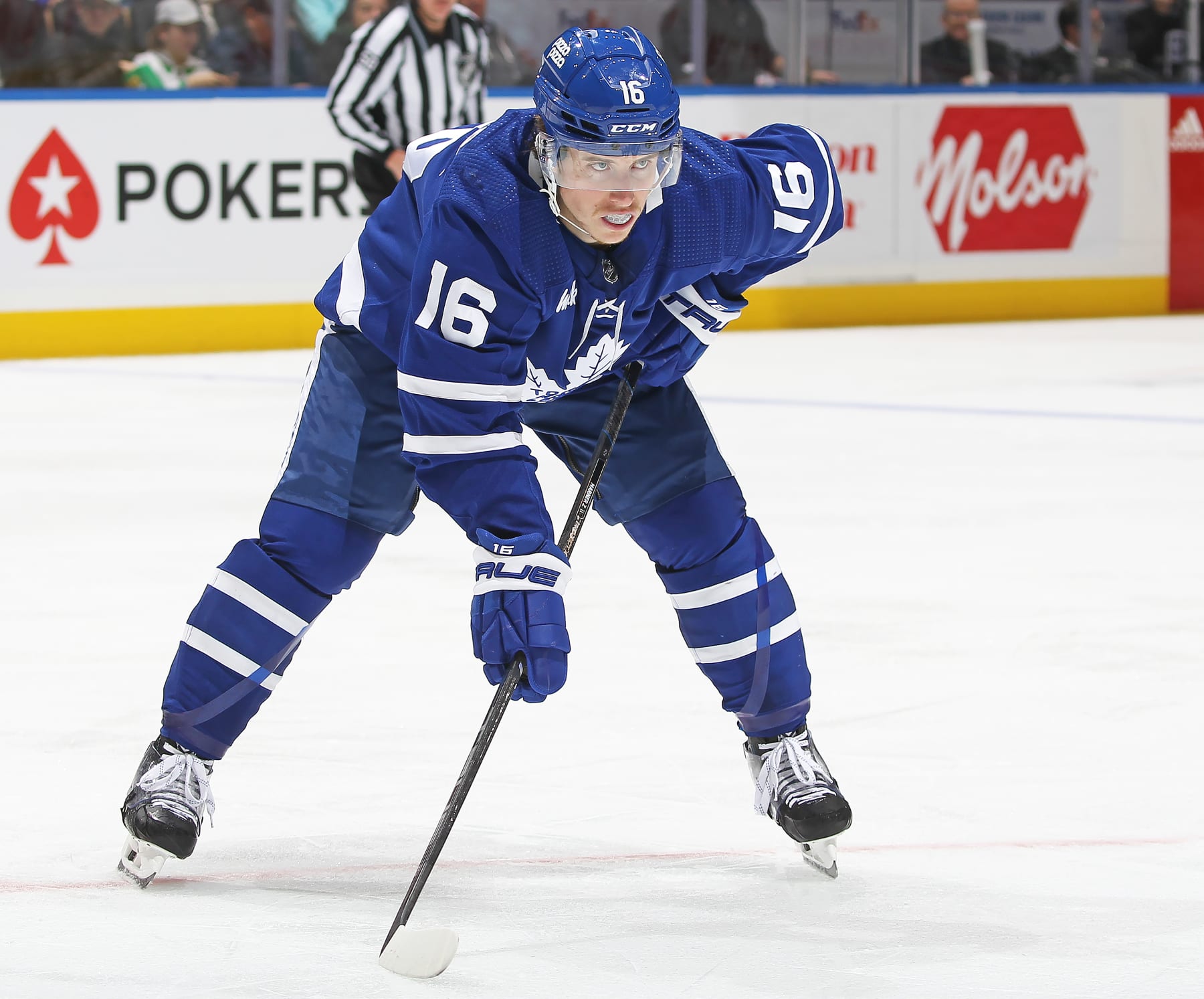 TORONTO, CANADA - MARCH 6:  Mitchell Marner #16 of the Toronto Maple Leafs is set for a faceoff against the Buffalo Sabres during the second period in an NHL game at Scotiabank Arena on March 6, 2024 in Toronto, Ontario, Canada. The Maple Leafs defeated the Sabres 2-1 in overtime. (Photo by Claus Andersen/Getty Images)