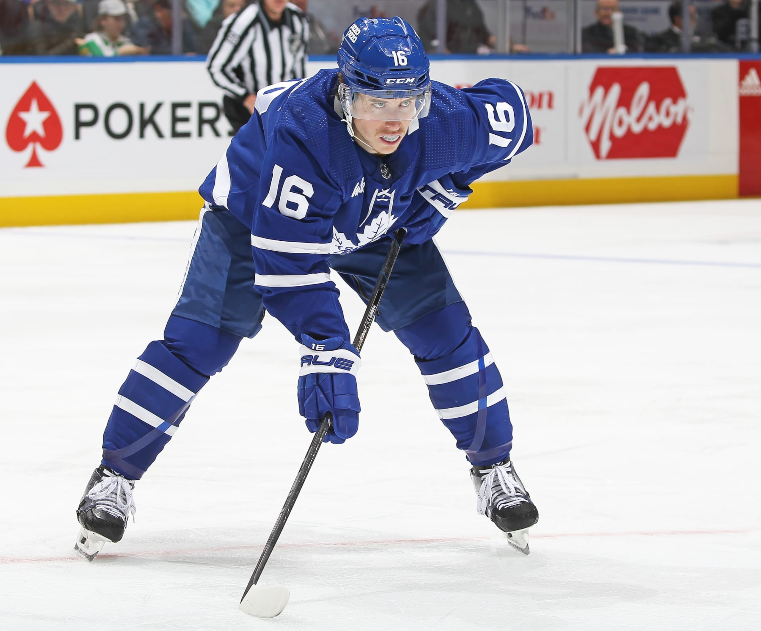 TORONTO, CANADA - MARCH 6: Mitchell Marner #16 of the Toronto Maple Leafs is set for a faceoff against the Buffalo Sabres during the second period in an NHL game at Scotiabank Arena on March 6, 2024 in Toronto, Ontario, Canada. The Maple Leafs defeated the Sabres 2-1 in overtime. (Photo by Claus Andersen/Getty Images) TORONTO, CANADA - MARCH 6: Mitchell Marner #16 of the Toronto Maple Leafs is set for a faceoff against the Buffalo Sabres during the second period in an NHL game at Scotiabank Arena on March 6, 2024 in Toronto, Ontario, Canada. The Maple Leafs defeated the Sabres 2-1 in overtime. (Photo by Claus Andersen/Getty Images)