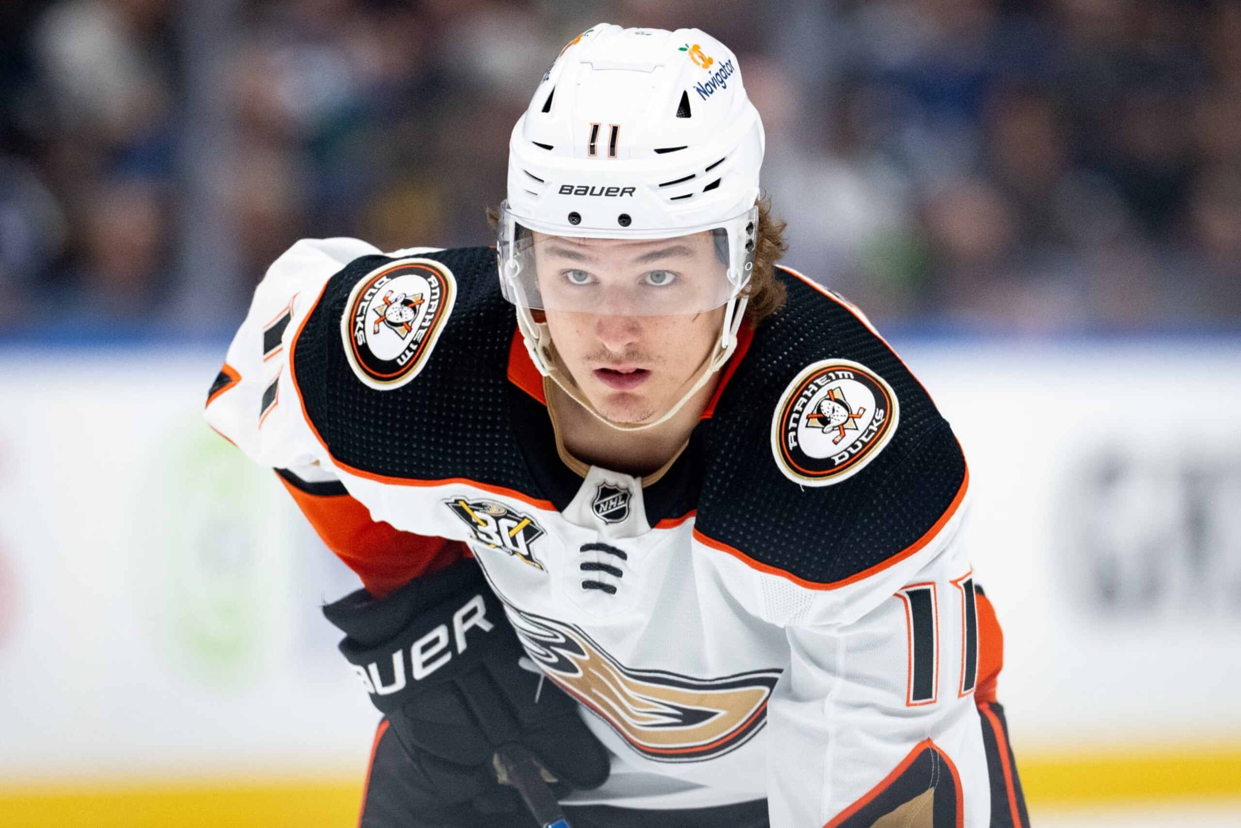 VANCOUVER, CANADA - MARCH 31: Trevor Zegras #11 of the Anaheim Ducks waits for a face off during the second period of their NHL Game against the Vancouver Canucks at Rogers Arena on March 31, 2024 in Vancouver, British Columbia, Canada. (Photo by Ethan Cairns/Getty Images) VANCOUVER, CANADA - MARCH 31: Trevor Zegras #11 of the Anaheim Ducks waits for a face off during the second period of their NHL Game against the Vancouver Canucks at Rogers Arena on March 31, 2024 in Vancouver, British Columbia, Canada. (Photo by Ethan Cairns/Getty Images)