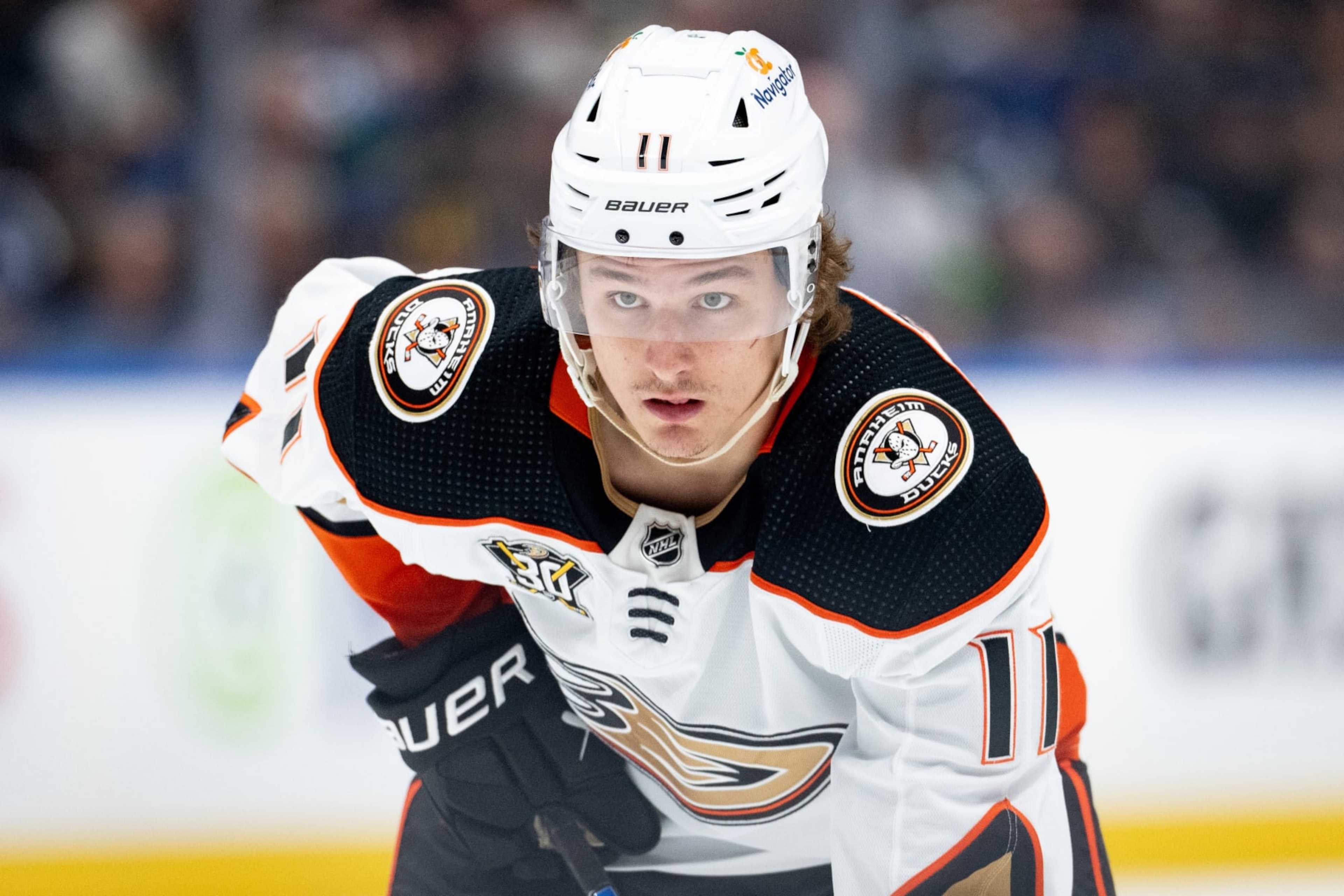 VANCOUVER, CANADA - MARCH 31: Trevor Zegras #11 of the Anaheim Ducks waits for a face off during the second period of their NHL Game against the Vancouver Canucks at Rogers Arena on March 31, 2024 in Vancouver, British Columbia, Canada. (Photo by Ethan Cairns/Getty Images)