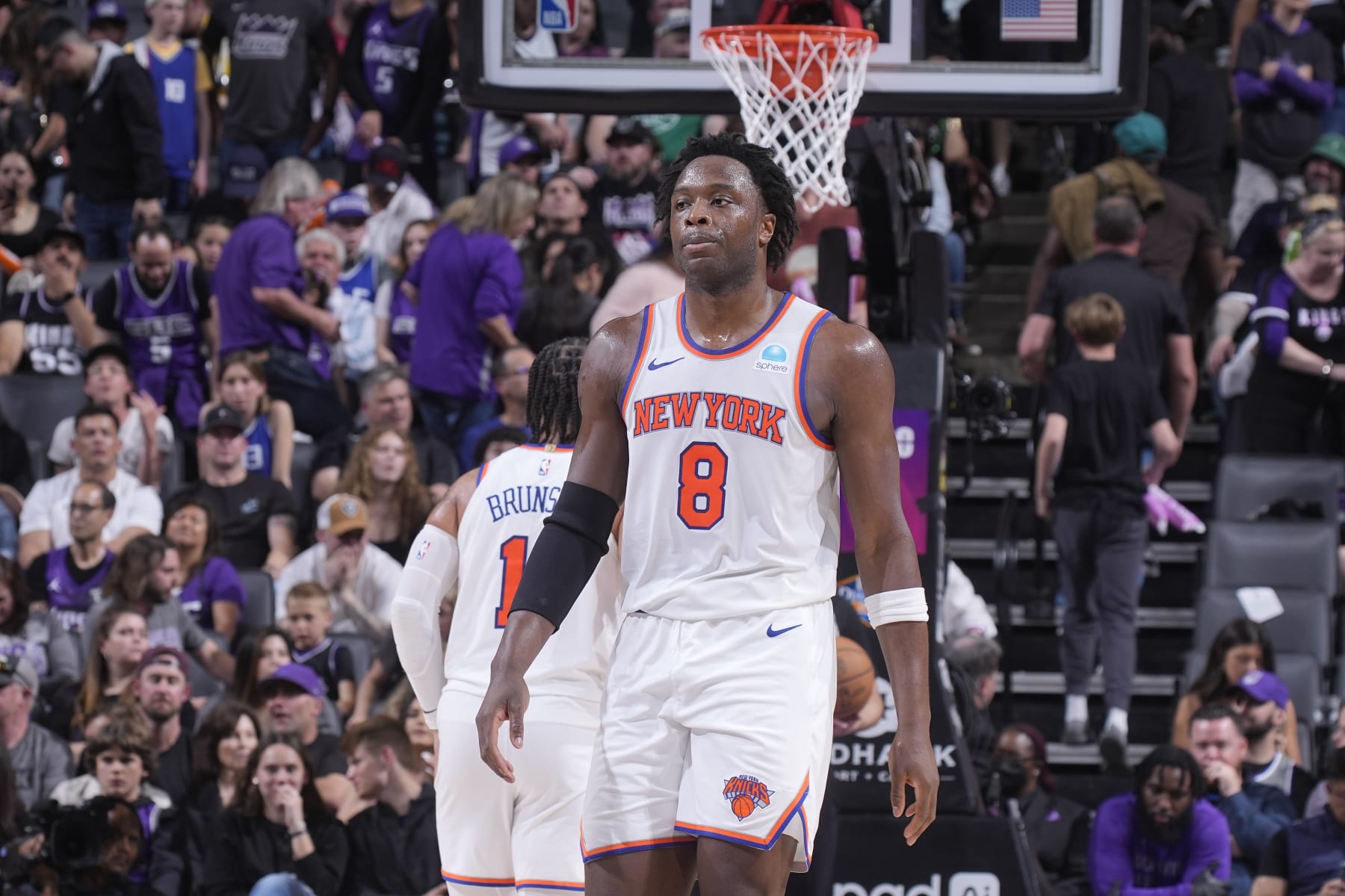 SACRAMENTO, CA - MARCH 16: OG Anunoby #8 of the New York Knicks looks on during the game against the Sacramento Kings on March 16, 2024 at Golden 1 Center in Sacramento, California. NOTE TO USER: User expressly acknowledges and agrees that, by downloading and or using this photograph, User is consenting to the terms and conditions of the Getty Images Agreement. Mandatory Copyright Notice: Copyright 2024 NBAE (Photo by Rocky Widner/NBAE via Getty Images)
