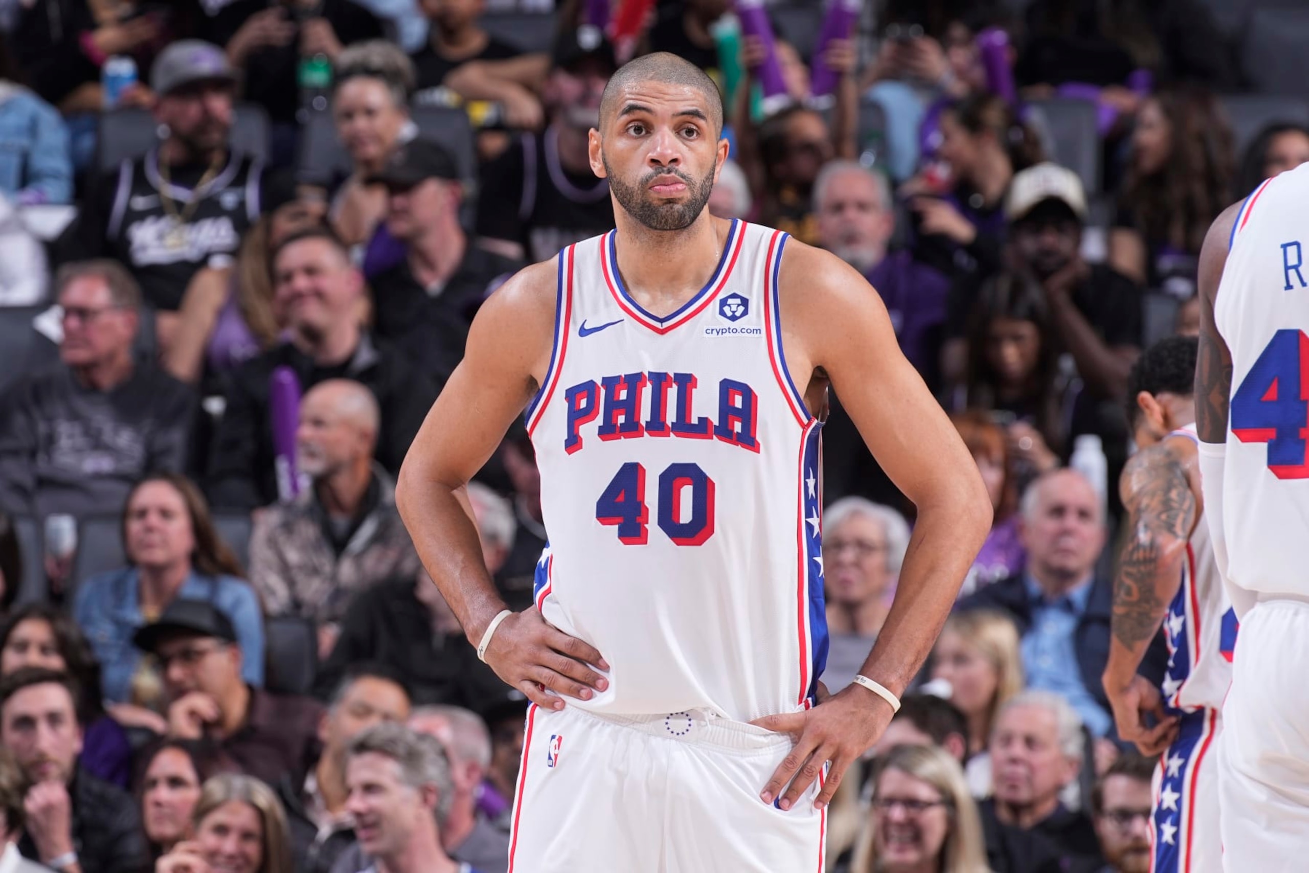 SACRAMENTO, CA - MARCH 25: Nicolas Batum #40 of the Philadelphia 76ers looks on during the game against the Sacramento Kings on March 25, 2024 at Golden 1 Center in Sacramento, California. NOTE TO USER: User expressly acknowledges and agrees that, by downloading and or using this photograph, User is consenting to the terms and conditions of the Getty Images Agreement. Mandatory Copyright Notice: Copyright 2024 NBAE (Photo by Rocky Widner/NBAE via Getty Images) SACRAMENTO, CA - MARCH 25: Nicolas Batum #40 of the Philadelphia 76ers looks on during the game against the Sacramento Kings on March 25, 2024 at Golden 1 Center in Sacramento, California. NOTE TO USER: User expressly acknowledges and agrees that, by downloading and or using this photograph, User is consenting to the terms and conditions of the Getty Images Agreement. Mandatory Copyright Notice: Copyright 2024 NBAE (Photo by Rocky Widner/NBAE via Getty Images)