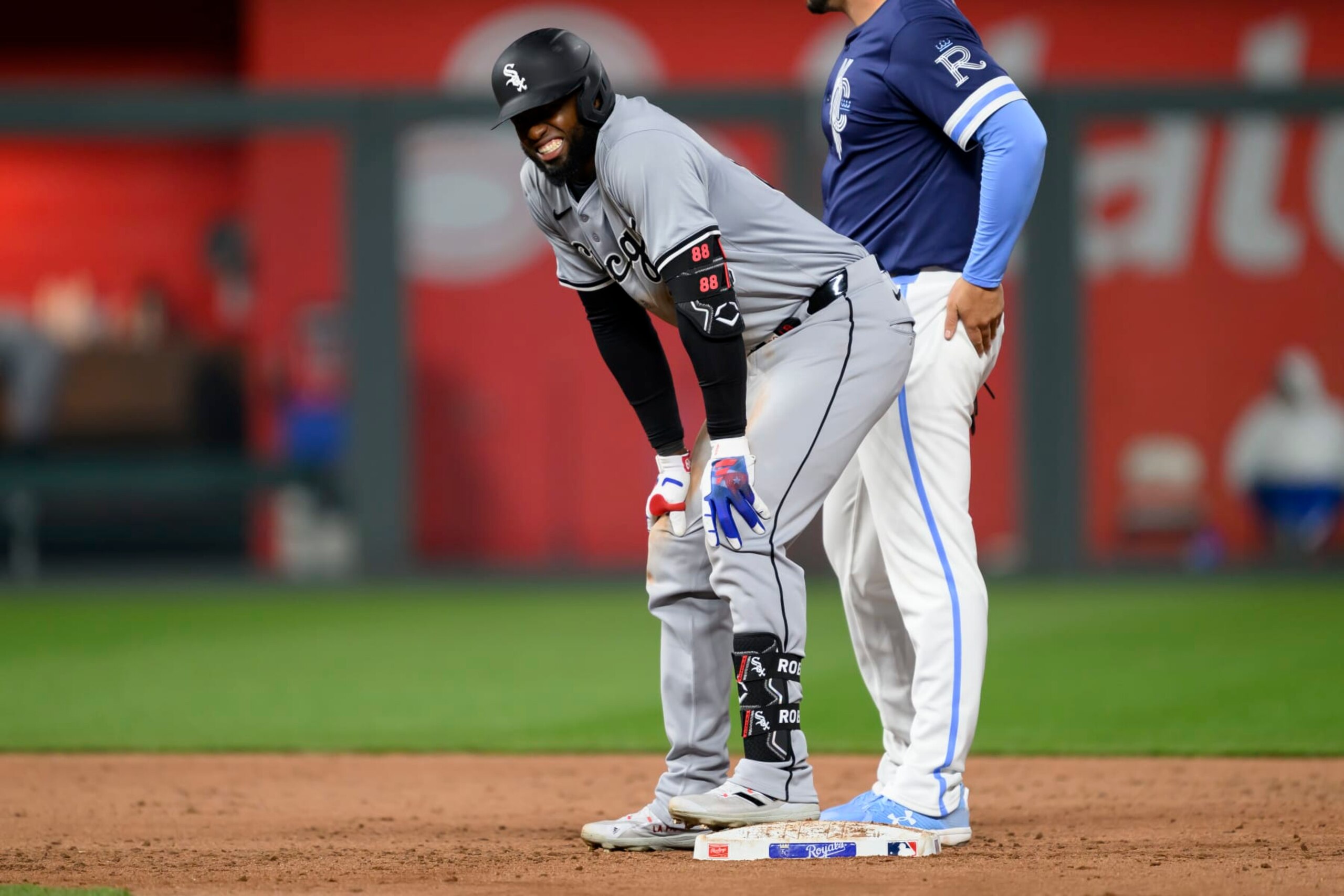 KANSAS CITY, MISSOURI - APRIL 5: Luis Robert Jr. #88 of the Chicago White Sox grimaces after hitting a double against the Kansas City Royals at Kauffman Stadium on April 5, 2024 in Kansas City, Missouri. He would leave the game after that hit. (Photo by Reed Hoffmann/Getty Images) KANSAS CITY, MISSOURI - APRIL 5: Luis Robert Jr. #88 of the Chicago White Sox grimaces after hitting a double against the Kansas City Royals at Kauffman Stadium on April 5, 2024 in Kansas City, Missouri. He would leave the game after that hit. (Photo by Reed Hoffmann/Getty Images)