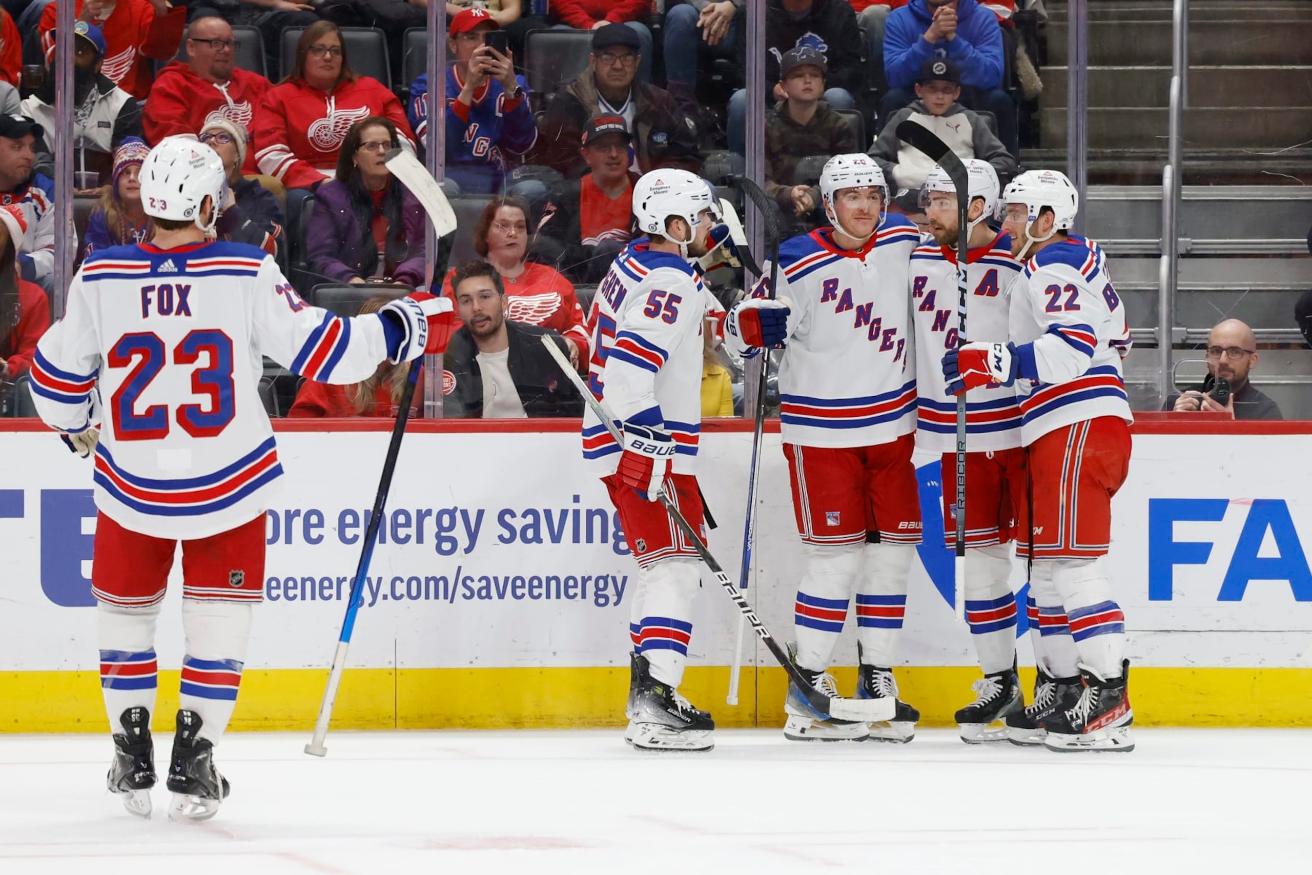 DETROIT, MI - APRIL 05: New York Rangers celebrate after a goal in the first period against the Detroit Red Wings during an NHL game on April 05, 2024 at Little Caesars Arena in Detroit, Michigan. (Photo by Joe Robbins/Icon Sportswire via Getty Images) DETROIT, MI - APRIL 05: New York Rangers celebrate after a goal in the first period against the Detroit Red Wings during an NHL game on April 05, 2024 at Little Caesars Arena in Detroit, Michigan. (Photo by Joe Robbins/Icon Sportswire via Getty Images)