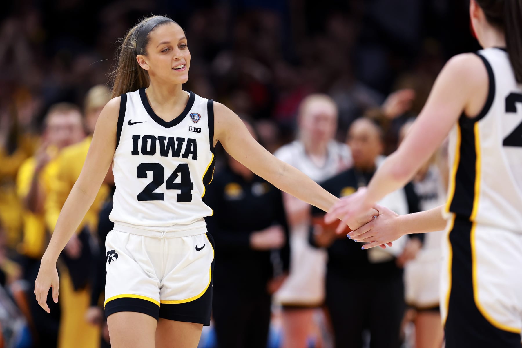 CLEVELAND, OHIO - APRIL 05: Gabbie Marshall #24 of the Iowa Hawkeyes reacts in the second half during the NCAA Women's Basketball Tournament Final Four semifinal game at Rocket Mortgage Fieldhouse on April 05, 2024 in Cleveland, Ohio. (Photo by Gregory Shamus/Getty Images)