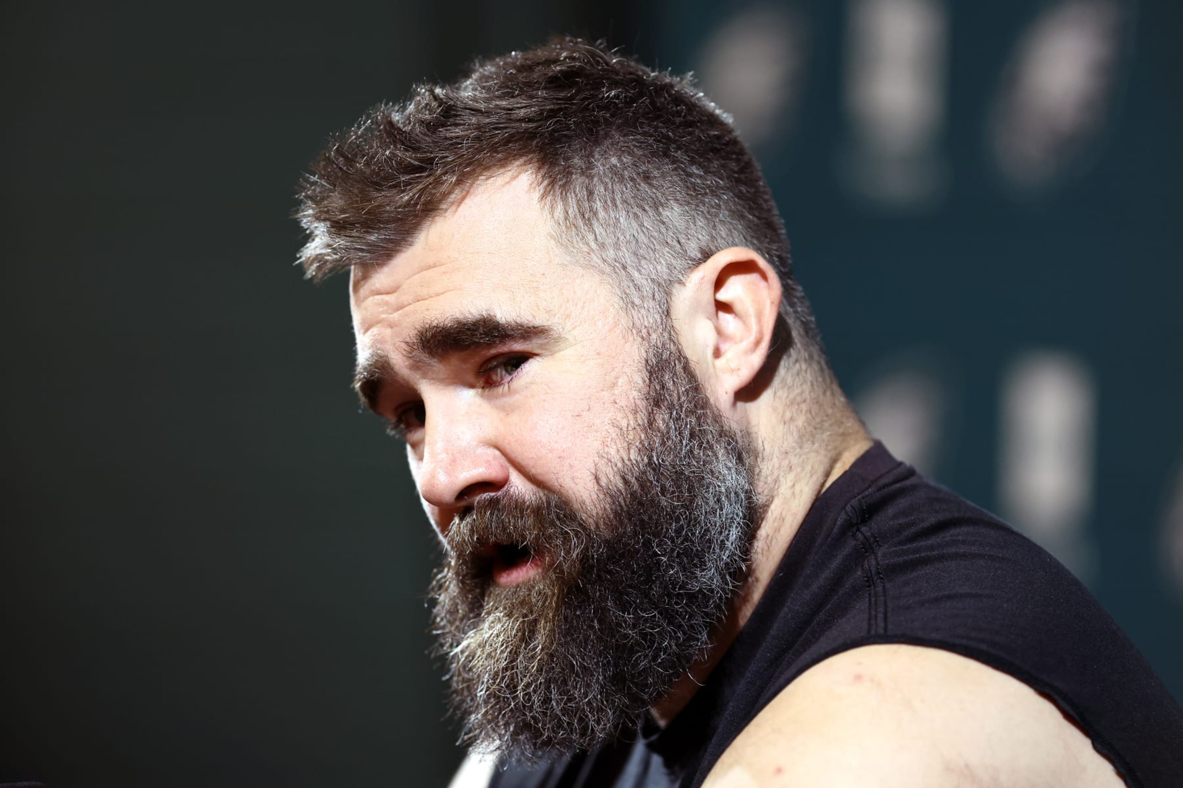 PHILADELPHIA, PENNSYLVANIA - MARCH 04: Jason Kelce #62 of the Philadelphia Eagles reacts after announcing his retirement from the NFL at NovaCare Complex on March 04, 2024 in Philadelphia, Pennsylvania. (Photo by Tim Nwachukwu/Getty Images) PHILADELPHIA, PENNSYLVANIA - MARCH 04: Jason Kelce #62 of the Philadelphia Eagles reacts after announcing his retirement from the NFL at NovaCare Complex on March 04, 2024 in Philadelphia, Pennsylvania. (Photo by Tim Nwachukwu/Getty Images)