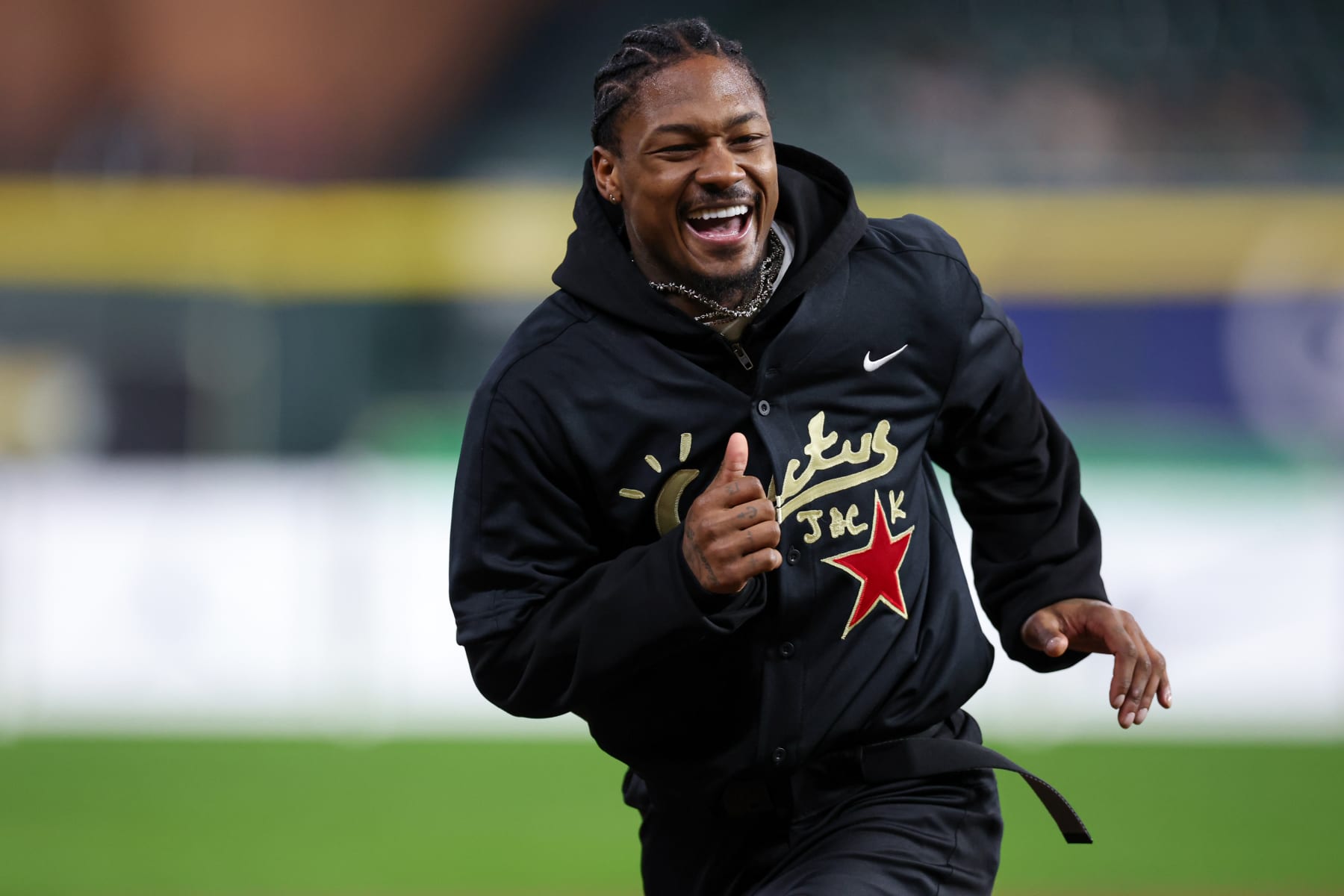 HOUSTON, TX - FEBRUARY 15: Stefon Diggs reacts during the 2024 Cactus Jack HBCU Classic Celebrity Softball Game at Minute Maid Park on Thursday, February 15, 2024 in Houston, Texas. (Photo by Michael Starghill/MLB Photos via Getty Images)