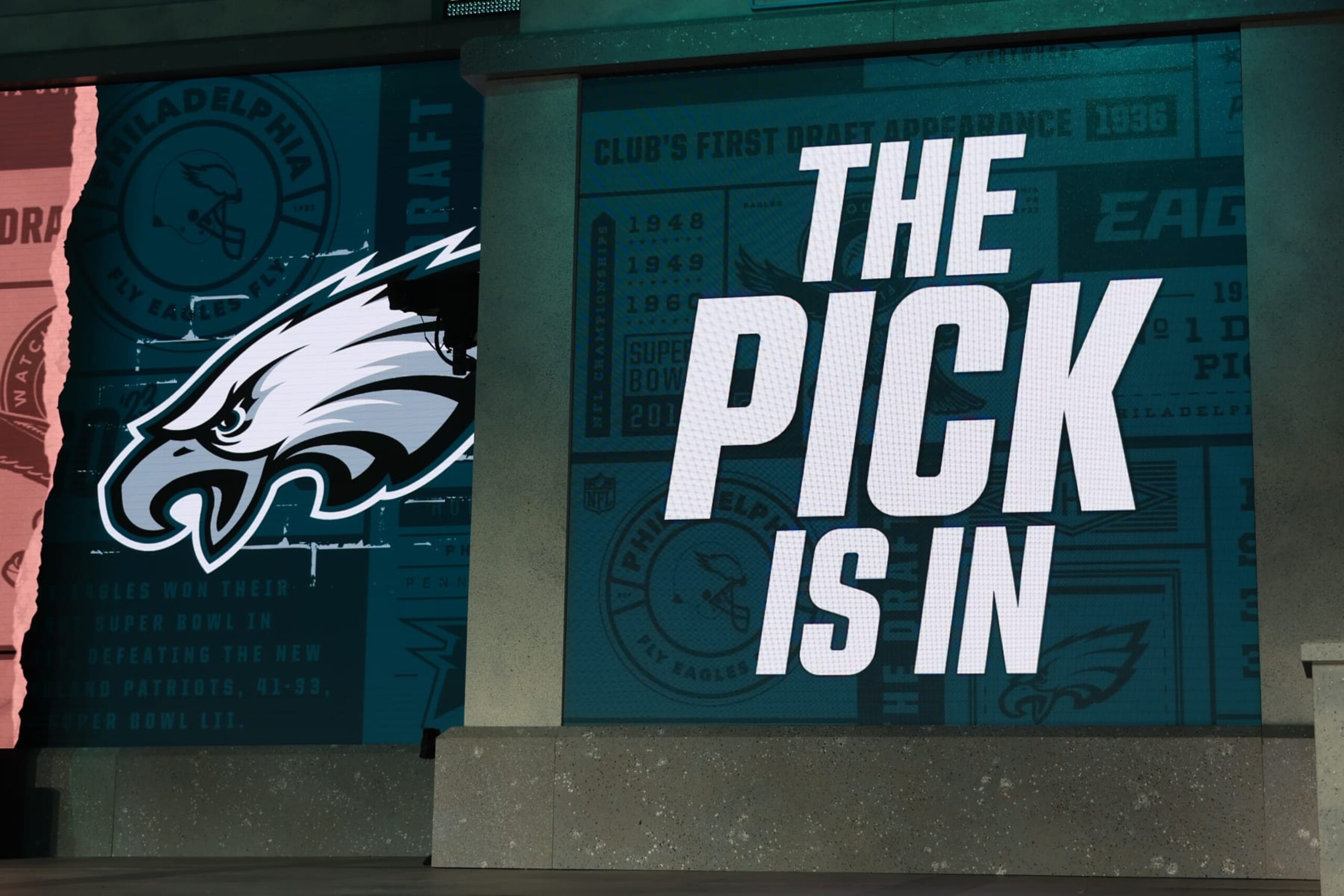 KANSAS CITY, MO - APRIL 27: The Philadelphia Eagles logo as they make their pick in the first round of the NFL Draft on April 27, 2023 at Union Station in Kansas City, MO. (Photo by Scott Winters/Icon Sportswire via Getty Images) KANSAS CITY, MO - APRIL 27: The Philadelphia Eagles logo as they make their pick in the first round of the NFL Draft on April 27, 2023 at Union Station in Kansas City, MO. (Photo by Scott Winters/Icon Sportswire via Getty Images)