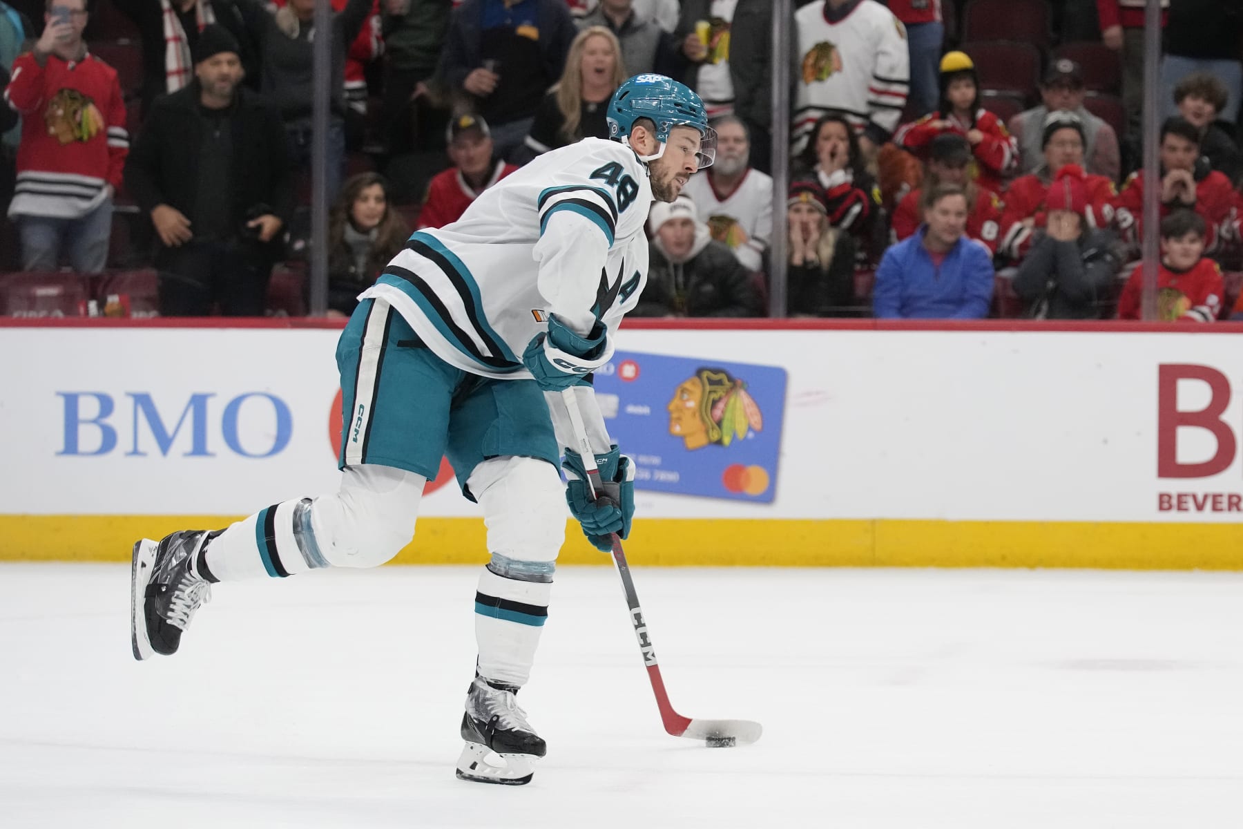 CHICAGO, ILLINOIS - JANUARY 16: Tomas Hertl #48 of the San Jose Sharks skates with the puck during a shootout against the Chicago Blackhawks at the United Center on January 16, 2024 in Chicago, Illinois. (Photo by Patrick McDermott/Getty Images)