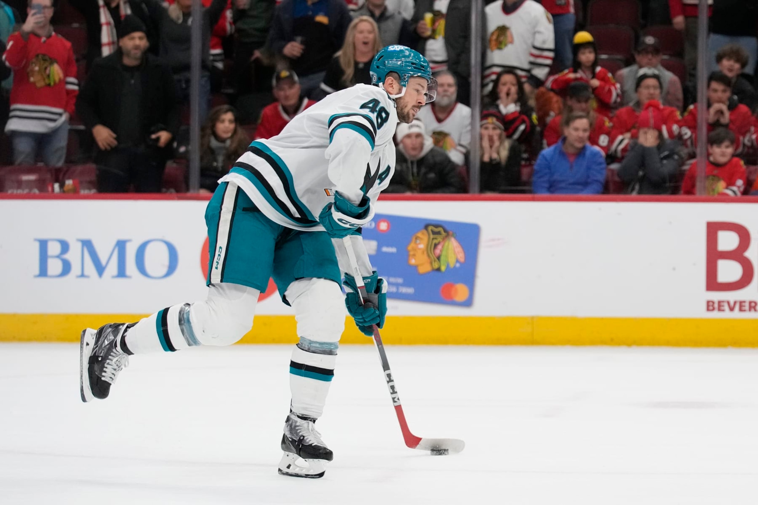CHICAGO, ILLINOIS - JANUARY 16: Tomas Hertl #48 of the San Jose Sharks skates with the puck during a shootout against the Chicago Blackhawks at the United Center on January 16, 2024 in Chicago, Illinois. (Photo by Patrick McDermott/Getty Images)