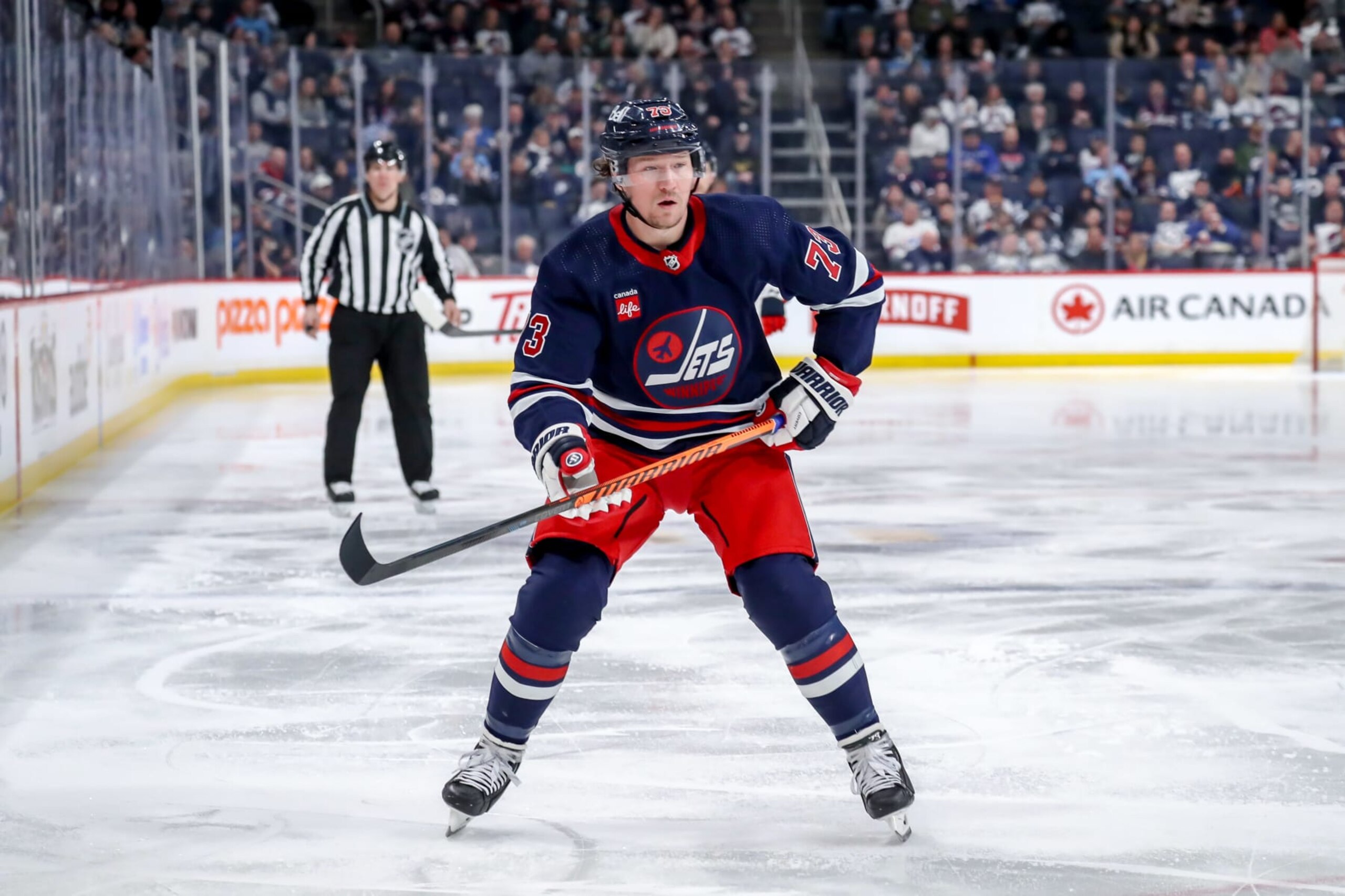 WINNIPEG, CANADA - MARCH 28: Tyler Toffoli #73 of the Winnipeg Jets keeps an eye on the play during second period action against the Vegas Golden Knights at the Canada Life Centre on March 28, 2024 in Winnipeg, Manitoba, Canada. The Knights defeated the Jets 4-1. (Photo by Darcy Finley/NHLI via Getty Images)