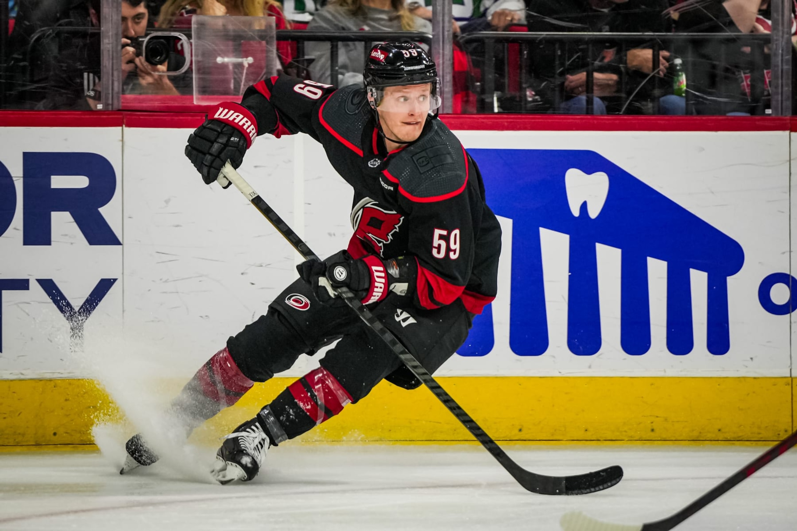 RALEIGH, NORTH CAROLINA - APRIL 05:  Jake Guentzel #59 of the Carolina Hurricanes skates during the second period against the Washington Capitals at PNC Arena on April 5, 2024 in Raleigh, North Carolina. (Photo by Josh Lavallee/NHLI via Getty Images)