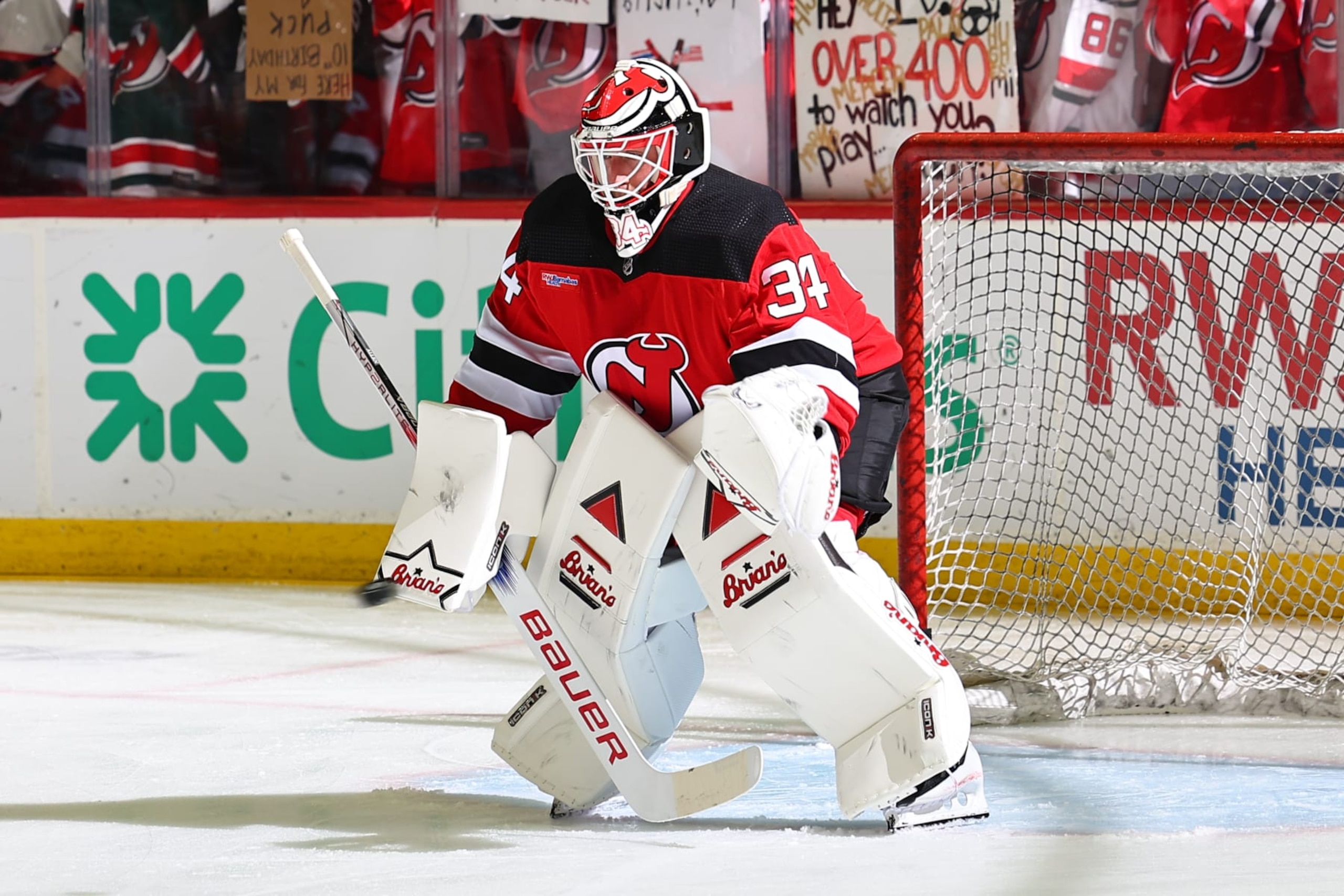 NEWARK, NJ - APRIL 02: Jake Allen #34 of the New Jersey Devils skates during warm up prior to the game against the Pittsburgh Penguins at the Prudential Center on April 2, 2024 in Newark, New Jersey.  (Photo by Rich Graessle/NHLI via Getty Images)