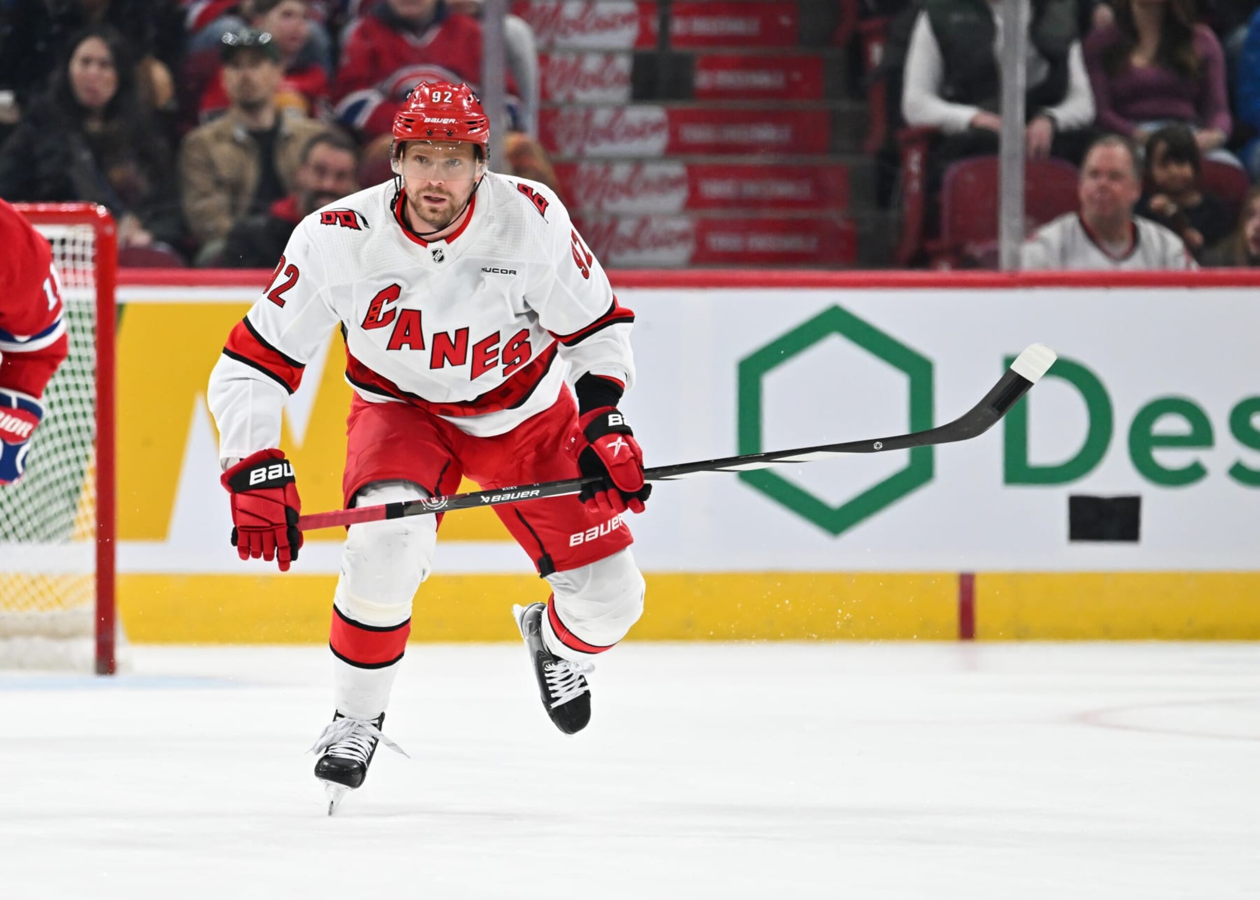 MONTREAL, CANADA - MARCH 30:  Evgeny Kuznetsov #92 of the Carolina Hurricanes skates during the first period against the Montreal Canadiens at the Bell Centre on March 30, 2024 in Montreal, Quebec, Canada.  The Carolina Hurricanes defeated the Montreal Canadiens 3-0.  (Photo by Minas Panagiotakis/Getty Images)