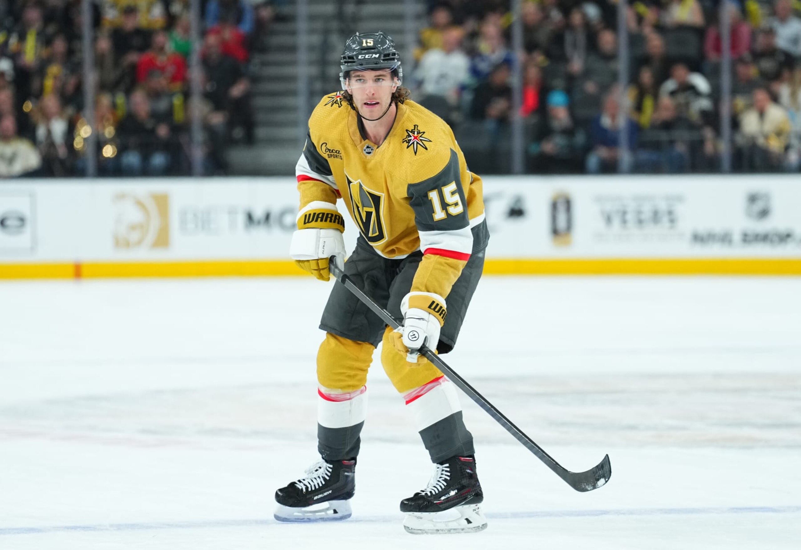 LAS VEGAS, NEVADA - APRIL 02: Noah Hanifin #15 of the Vegas Golden Knights skates during the first period against the Vancouver Canucks at T-Mobile Arena on April 02, 2024 in Las Vegas, Nevada. (Photo by Jeff Bottari/NHLI via Getty Images)