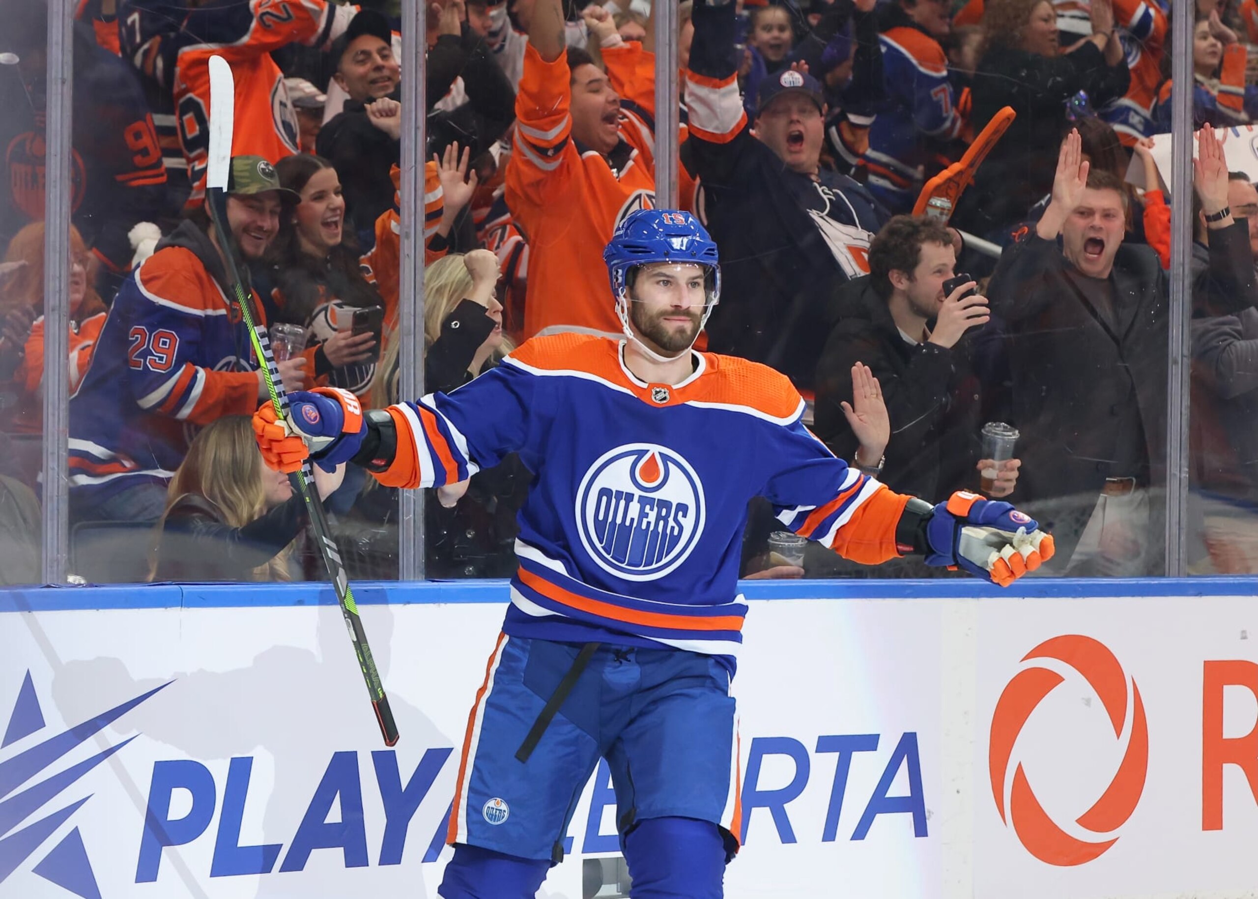 EDMONTON, CANADA - MARCH 30: Adam Henrique #19 of the Edmonton Oilers celebrates a goal in the first period against the Anaheim Ducks on March 30, 2024 at Rogers Place in Edmonton, Alberta, Canada. (Photo by Lawrence Scott/Getty Images)
