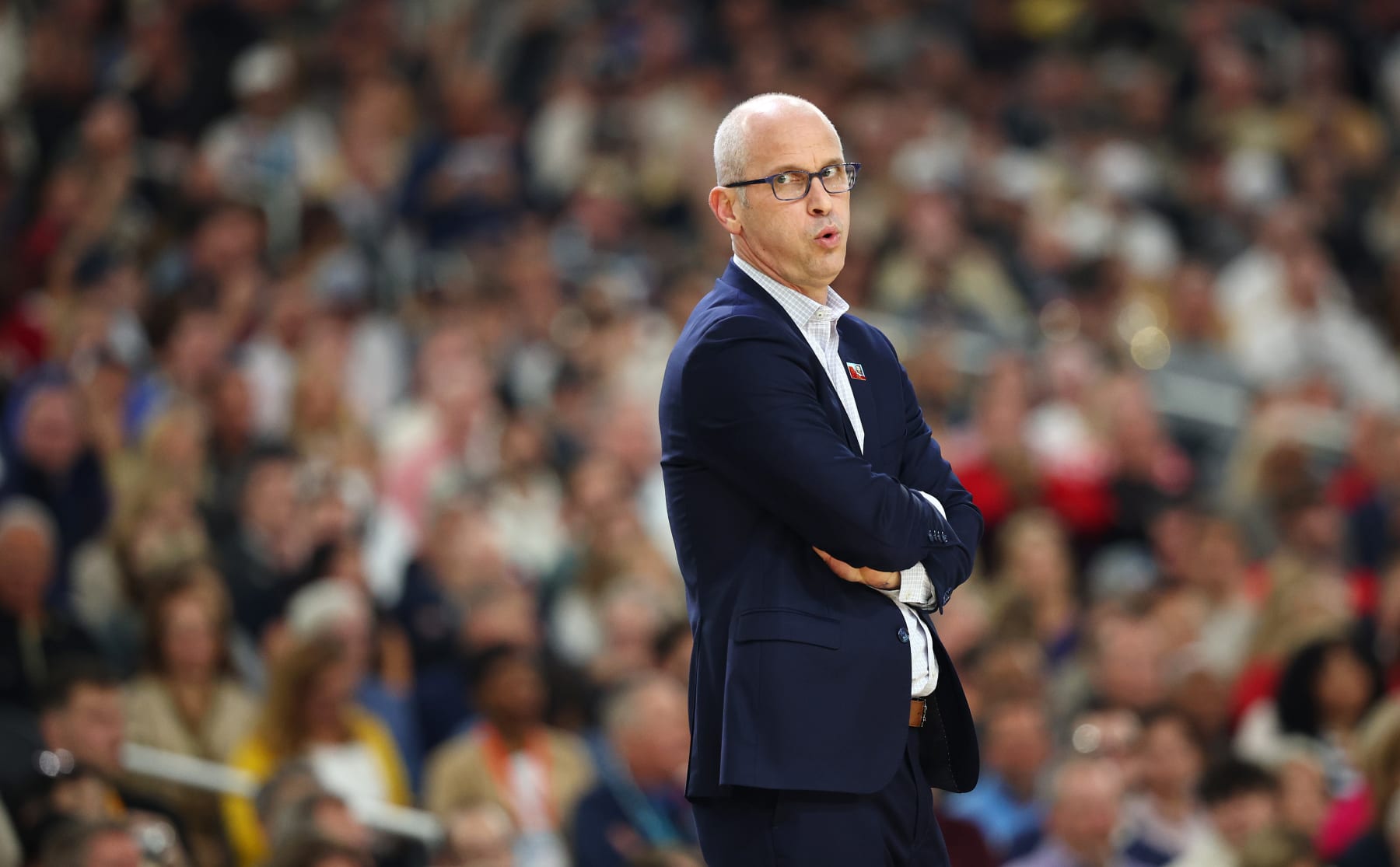 GLENDALE, ARIZONA - APRIL 06: Head coach Dan Hurley of the Connecticut Huskies reacts to the game during the first half in the NCAA Men’s Basketball Tournament Final Four semifinal game against the Alabama Crimson Tide at State Farm Stadium on April 06, 2024 in Glendale, Arizona. (Photo by Jamie Schwaberow/NCAA Photos via Getty Images)