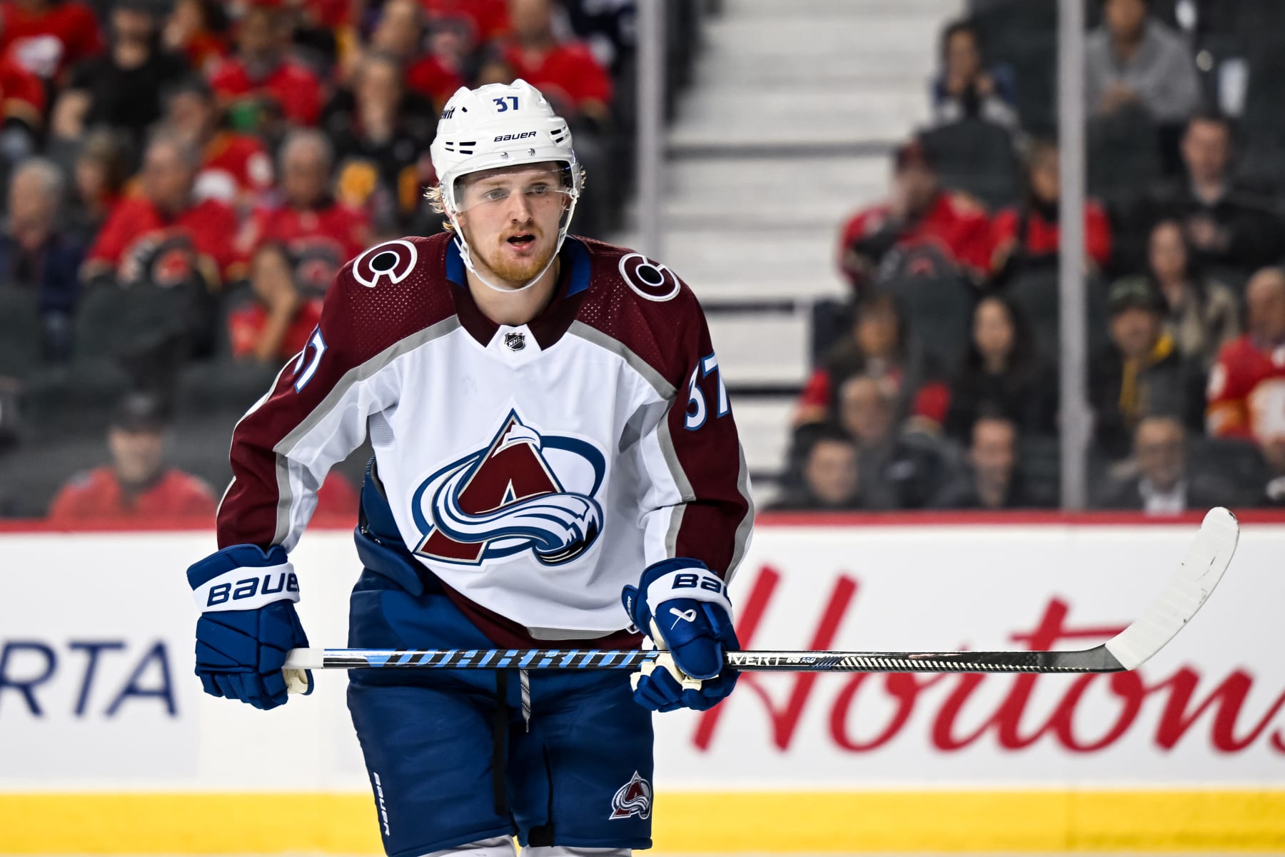 CALGARY, AB - MARCH 12: Colorado Avalanche Center Casey Mittelstadt (37) in action during the third period of an NHL game between the Calgary Flames and the Colorado Avalanche on March 12, 2024, at the Scotiabank Saddledome in Calgary, AB. (Photo by Brett Holmes/Icon Sportswire via Getty Images)