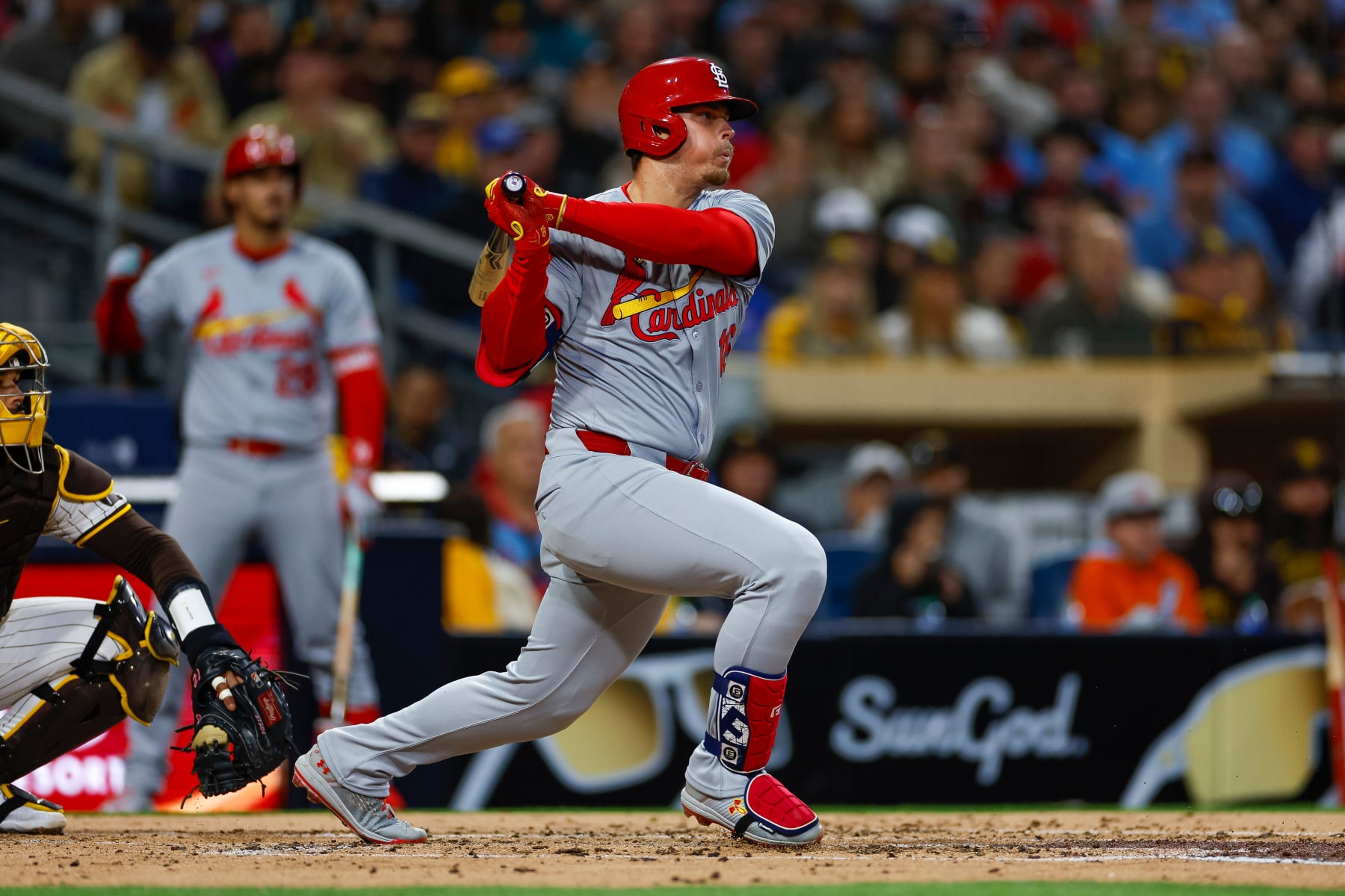 SAN DIEGO, CALIFORNIA - APRIL 1: Nolan Gorman #16 of the St. Louis Cardinals grounds out during the second inning against the San Diego Padres at PETCO Park on April 1, 2024 in San Diego, California. (Photo by Brandon Sloter/Getty Images)