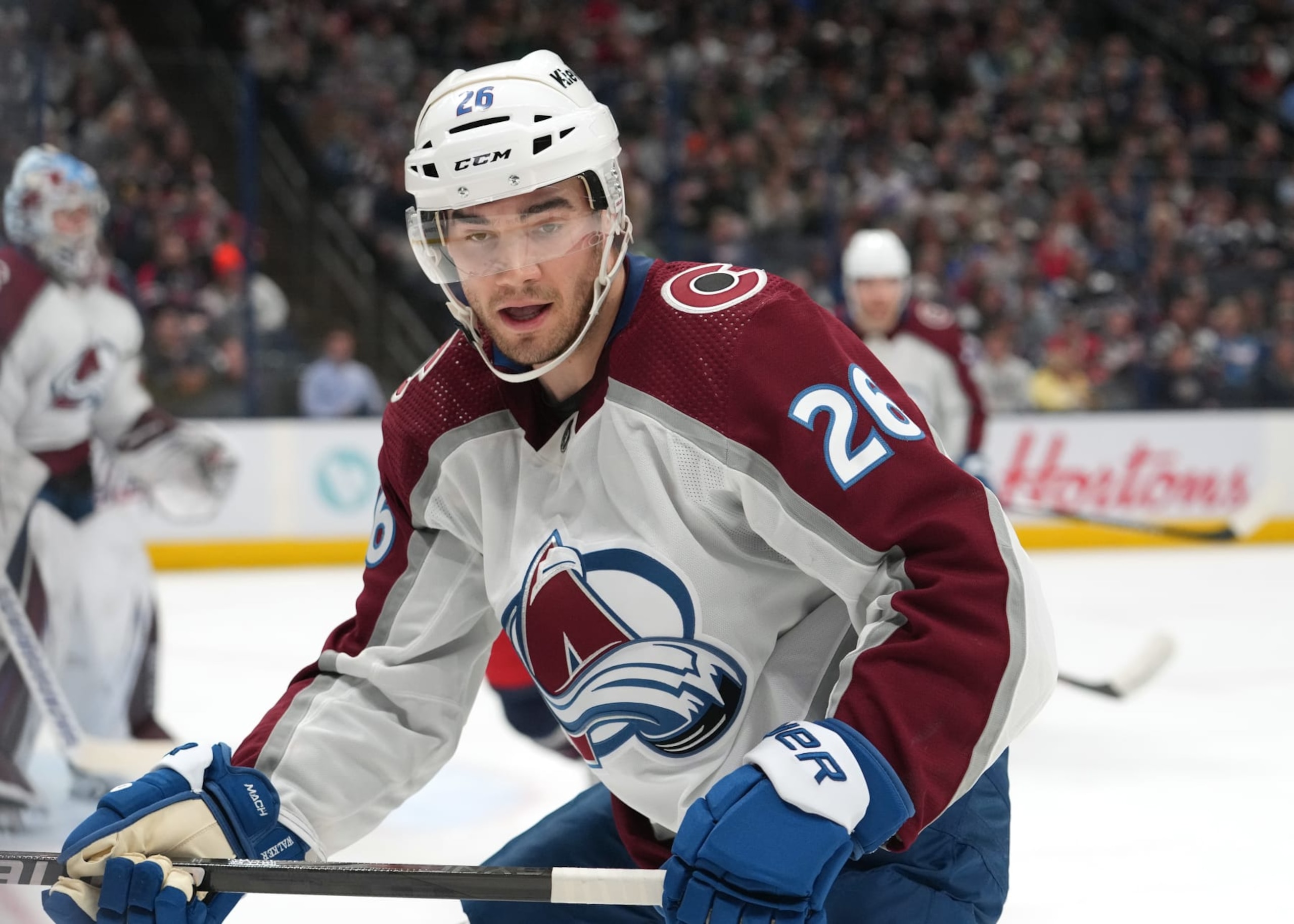 COLUMBUS, OHIO - APRIL 01: Sean Walker #26 of the Colorado Avalanche skates during the second period against the Columbus Blue Jackets at Nationwide Arena on April 01, 2024 in Columbus, Ohio. (Photo by Jason Mowry/Getty Images)