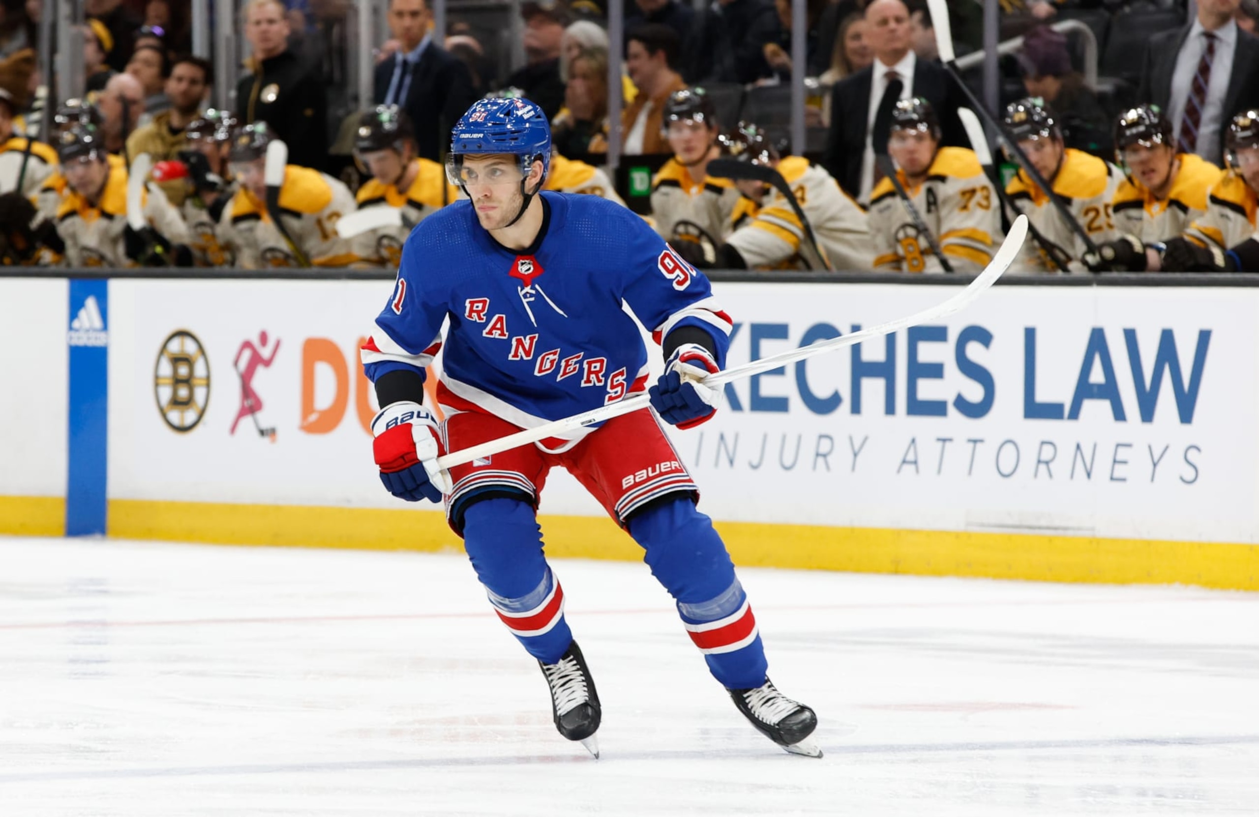 BOSTON, MASSACHUSETTS - MARCH 21: Alex Wennberg #91 of the New York Rangers skates against the Boston Bruins during the second period at the TD Garden on March 21, 2024 in Boston, Massachusetts. The Rangers won 5-2. (Photo by Richard T Gagnon/Getty Images)